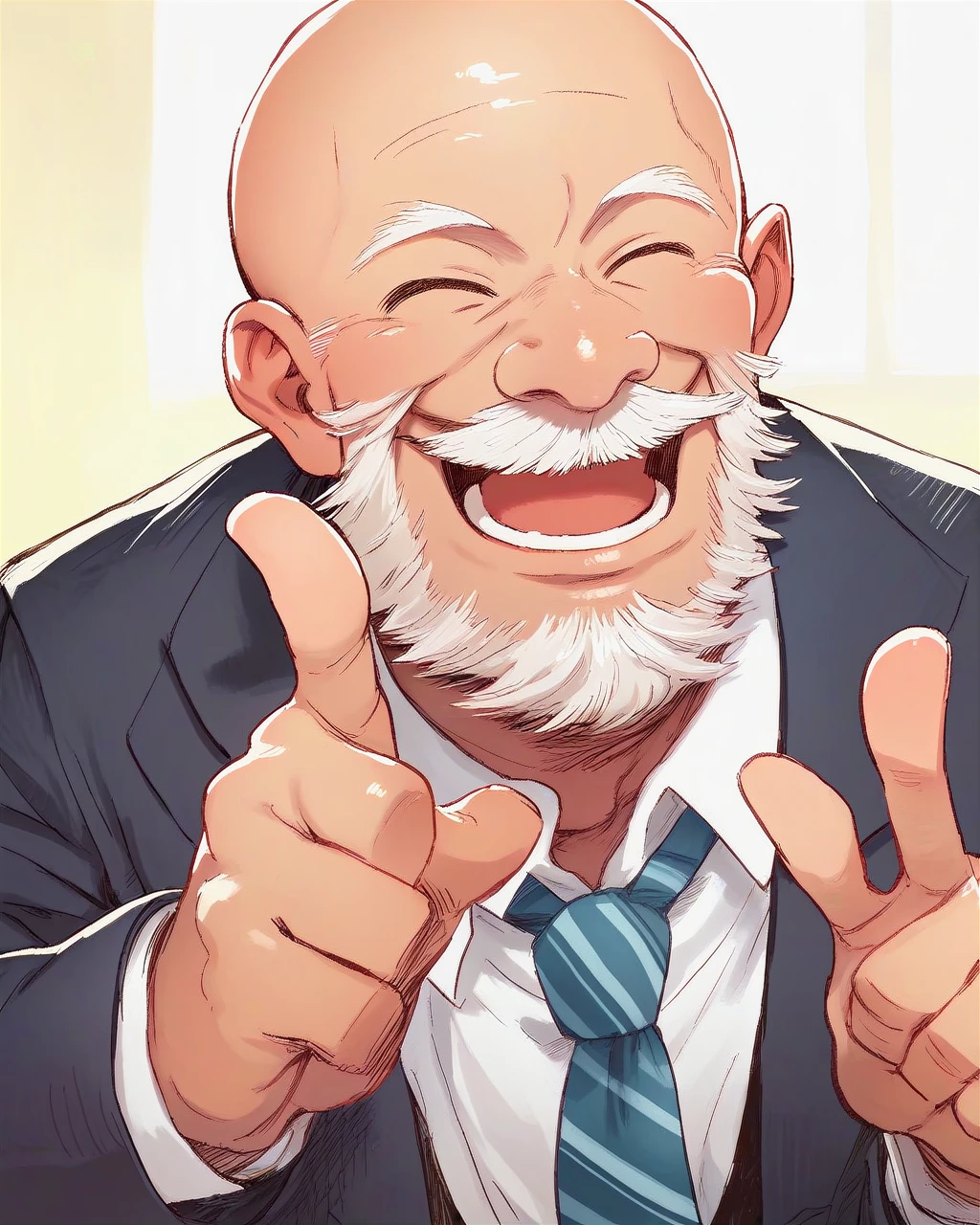score_9, score_8_up, score_7_up, 1boy, old man, white long beard, (bald:1.2), teacher, laughing, solo, male focus, upper body, suit, necktie, pointing <lora:ShinbonPony:1>