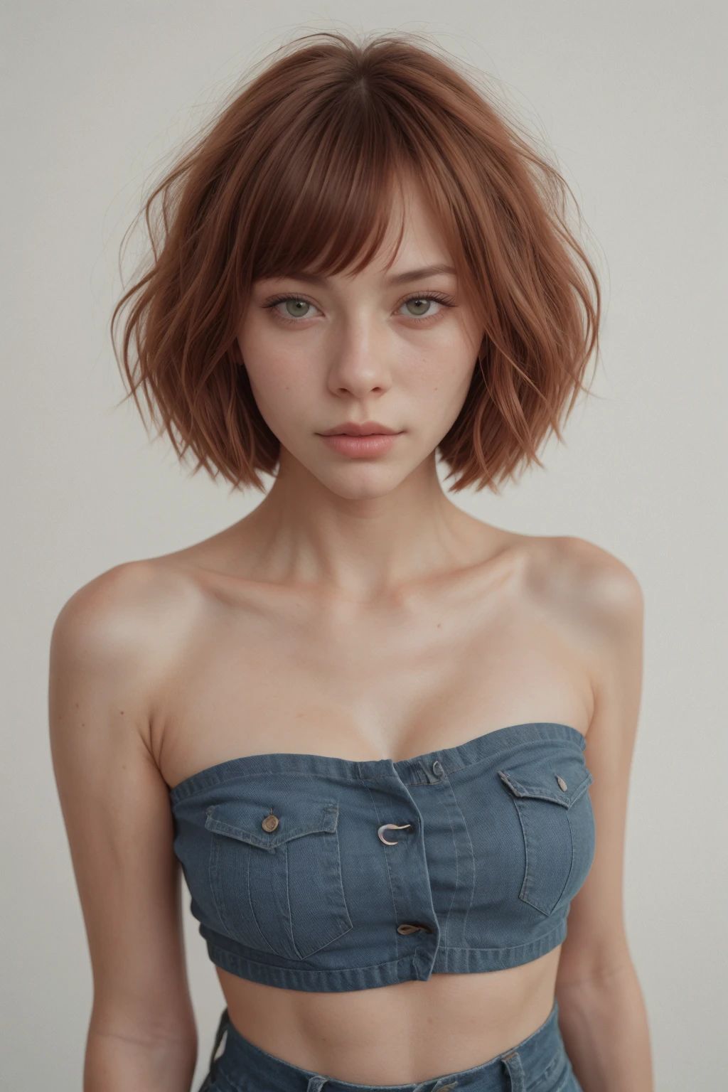 A  girl, redhead, some cement, with short curly hair and green eyes, rear