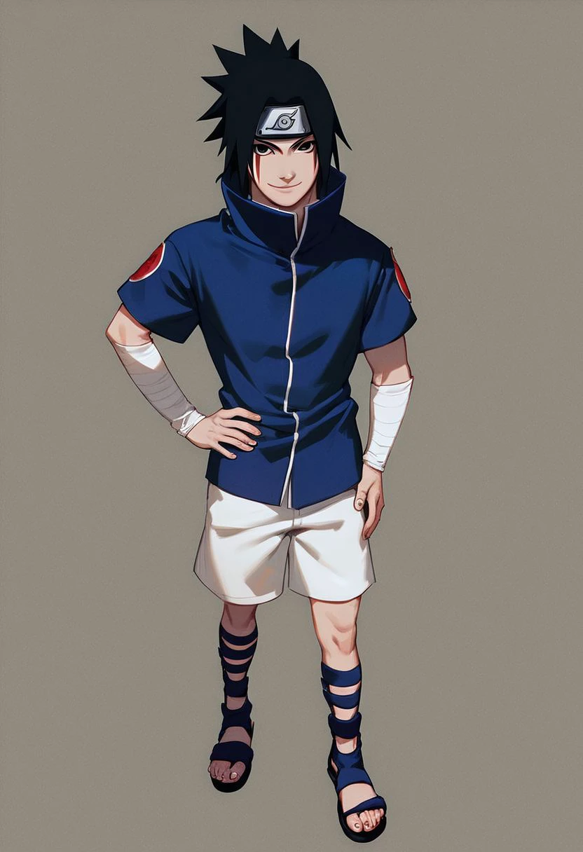 score_9,score_8_up,score_7_up,score_6_up,score_5_up, 
masterpiece, best quality, solo, smirk, looking at viewer, hand on hip, close up, face focus, 
1boy, sasuke uchiha, \(Naruto\), black hair, spiky hair, black eyes, Genin, forehead protector, navy blue shirt, short sleeves, high collar, white shorts, sandals,  white arm warmers.