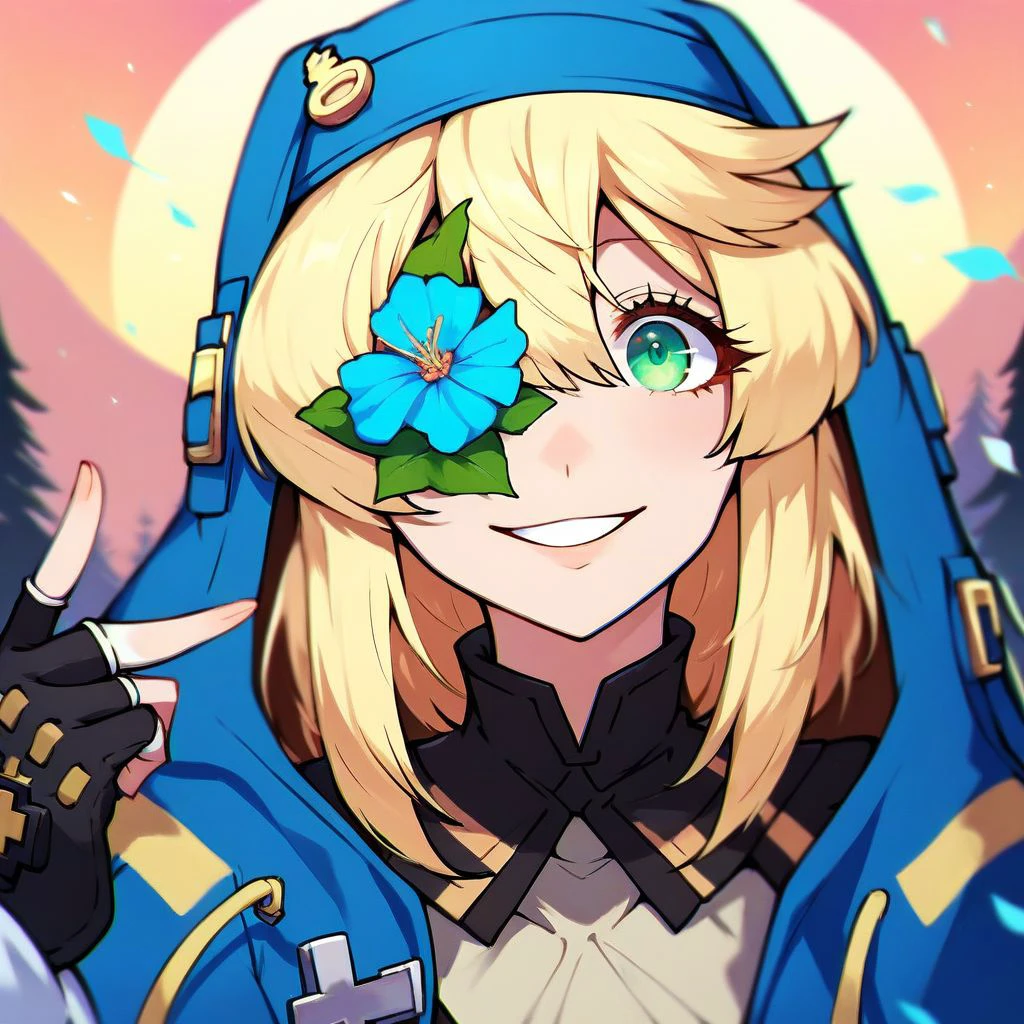 score_9,score_8_up,score_7_up,score_6_up,score_5_up,score_4_up, Flower on eye, one eye covered, solo, bridget/(guilty gear/), smile, outdoors, sunset, blue flower, sidelocks, blonde hair, green eyes, parted lips, v, chromatic aberration, fingerless gloves, black gloves, blue jacket, hood, dress