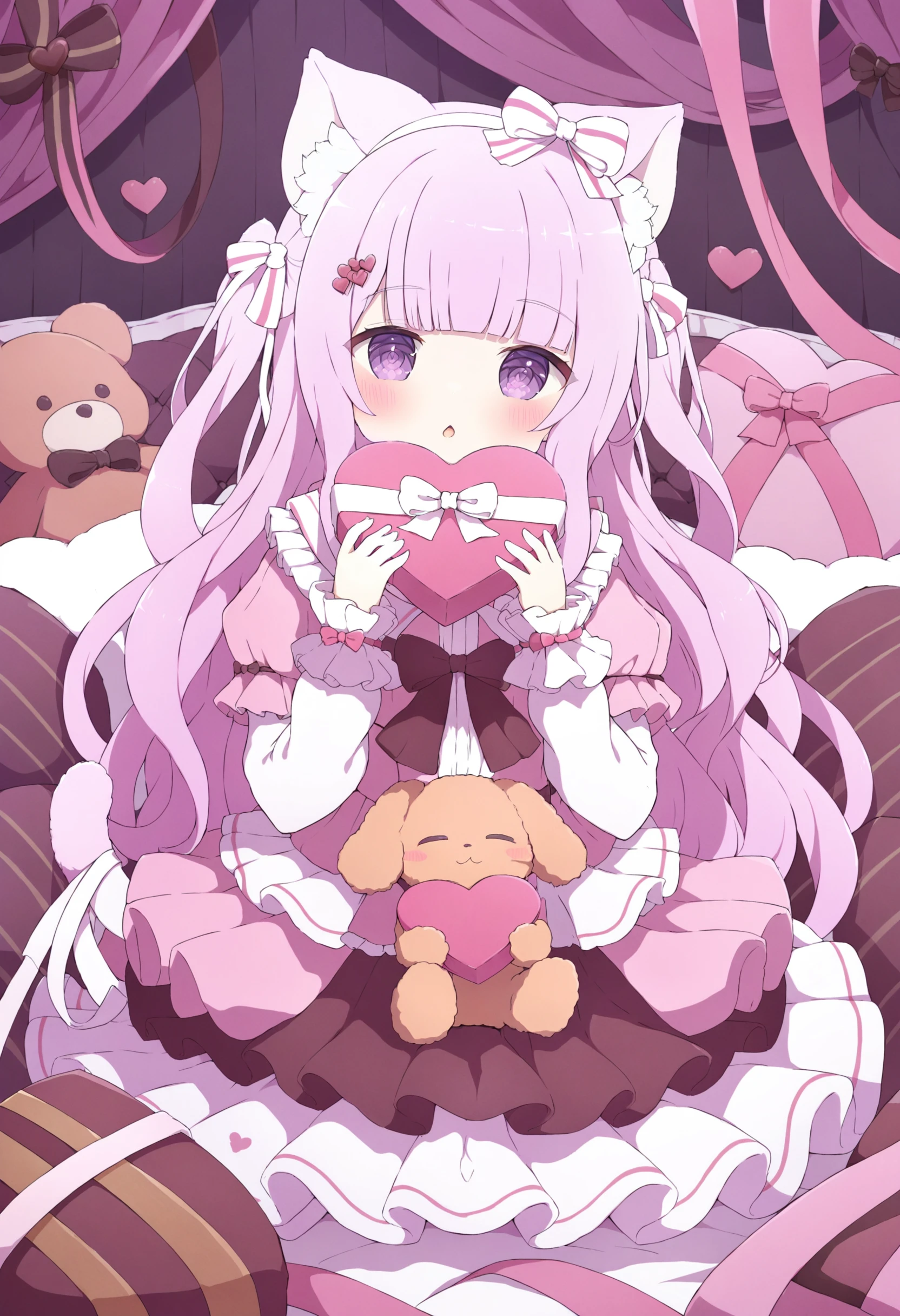 masterpiece, best quality,1girl, stuffed toy, stuffed animal, box, animal ears, tail, cat ears, dress, heart-shaped box, long hair, solo, cat tail, looking at viewer, pink hair, cat girl, heart, purple eyes, teddy bear, holding, gift, blush, box of chocolates, pink dress, frilled dress, valentine, hair ornament, two side up, ribbon, frills, long sleeves, bow, gift box, animal ear fluff, open mouth, blunt bangs, virtual youtuber <lora:ã¡ãã¿ã¾ãXLlokr4f-000186:0.95>