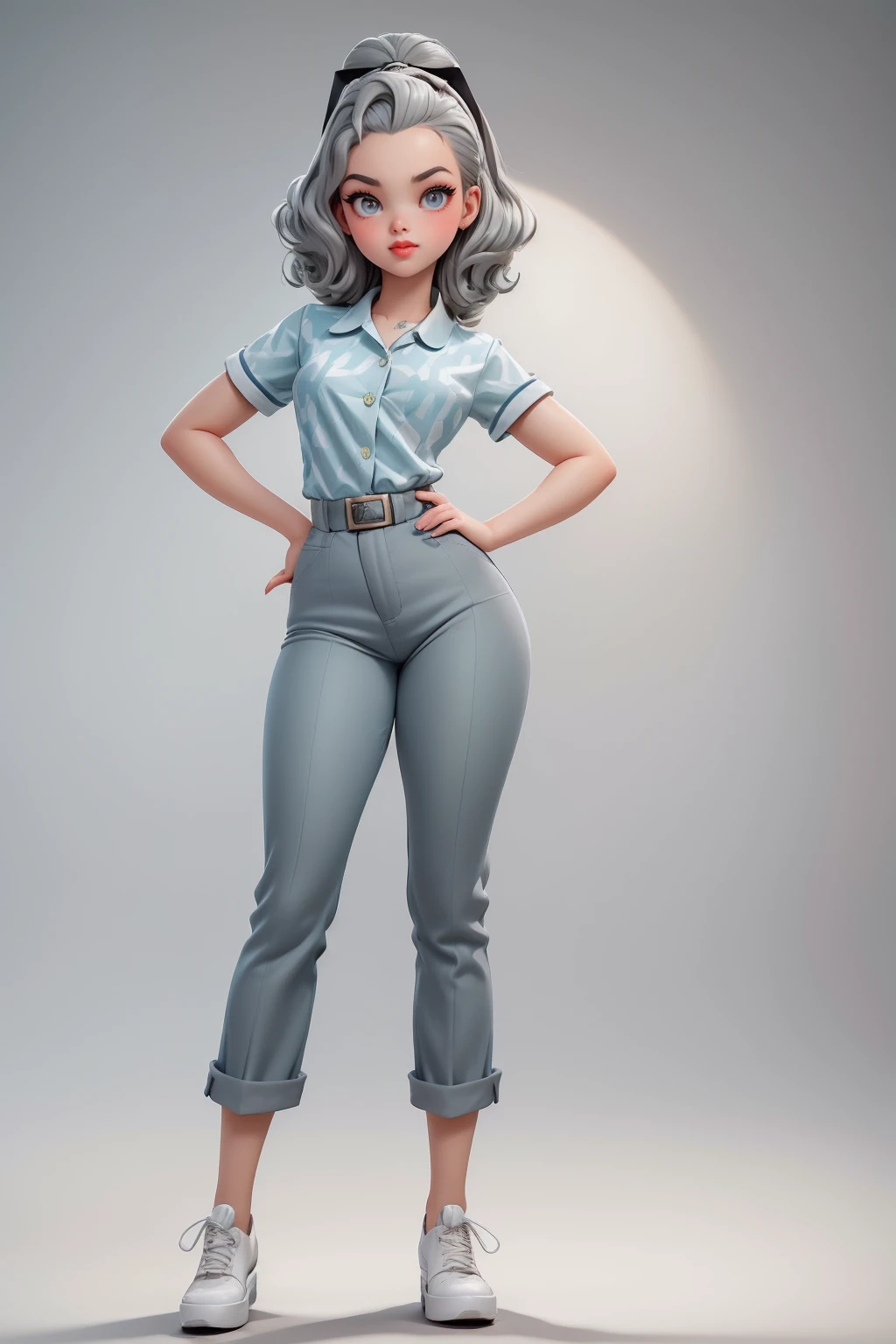 1950s fashion, 1950shighwaistpants, professional 3d pixar of  20yo teen female, ((Lime)) pants, clothing details, shoes, (posing), (dark gray) hair, 4k, 8k, high quality, perfect lighting, detailed face and detailed eyes, skin detail,  solo focus, pixar cartoon, (1950s ((armory))),  clean smooth skin, looking at camera, detailed eyes, pretty face, full body posing, (Amybeth McNulty,Keke Palmer,Arielle Kebbel as 37yo female:0.8), 1950s, ((close-up))  <lora:1950shighwaistpants:0.5>, pixar character