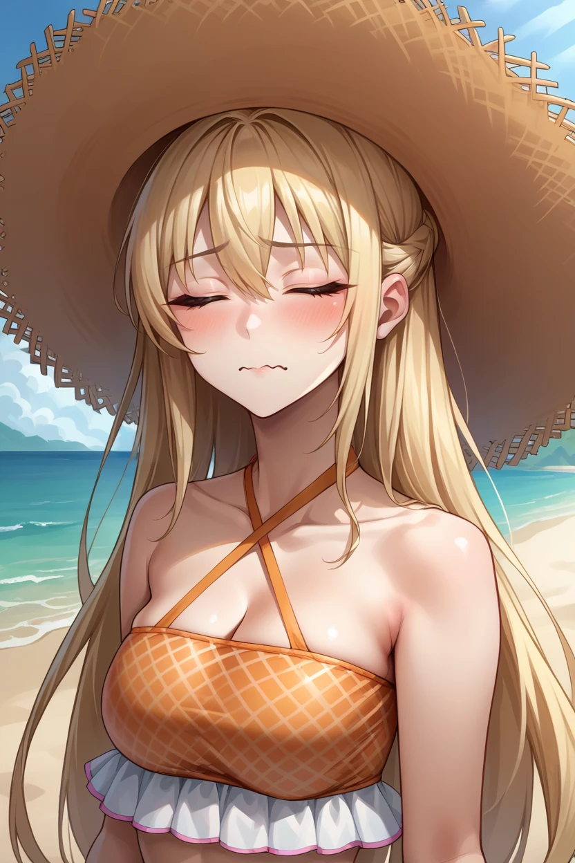 score_9, score_8_up, score_7_up, score_6_up, source_anime, BREAK 1girl, solo, <lora:vc4riley-pdxl-nvwls-v1-000005:1> vc4riley, blonde hair, straw hat, criss-cross halter, orange bikini, frills, beach, looking at you, closed eyes, blush, wavy mouth