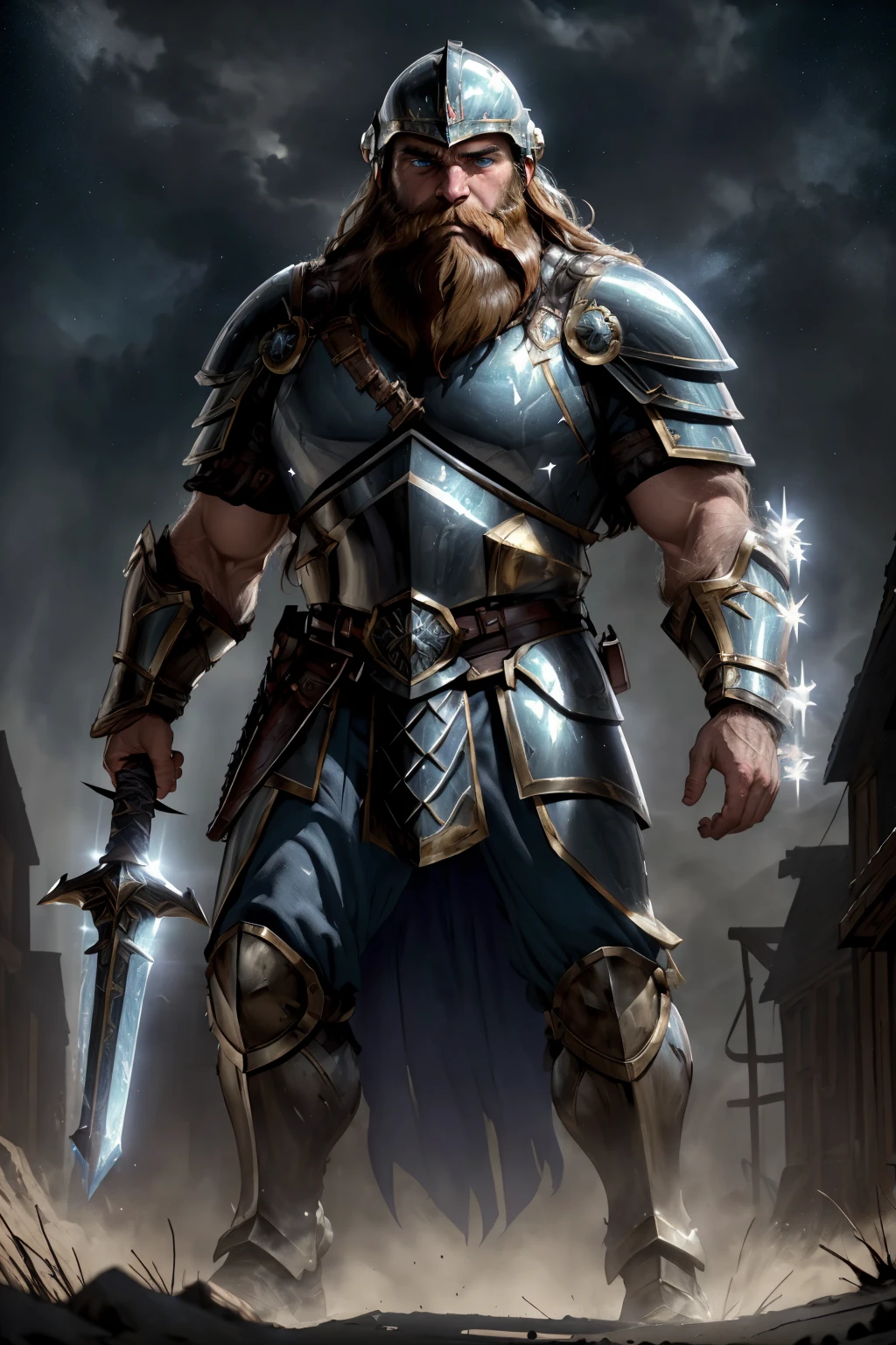 comic style, professional, 4k, highly detailed, ((masterpiece)), cinematic lighting, UHD, HDR, best quality, looking at viewer, 1 man, ((large beard, blue eyes)), (((heavily inspired by high fantasy style art))), ((wearing bulky paladin armor)) ((chestplate)), ((greaves)), ((helmet)), high fantasy kingdom background, night time, magical atmosphere, starry sky, full body, 
<lora:Joe_Doe_AI_Model_For_1.5:0.6>