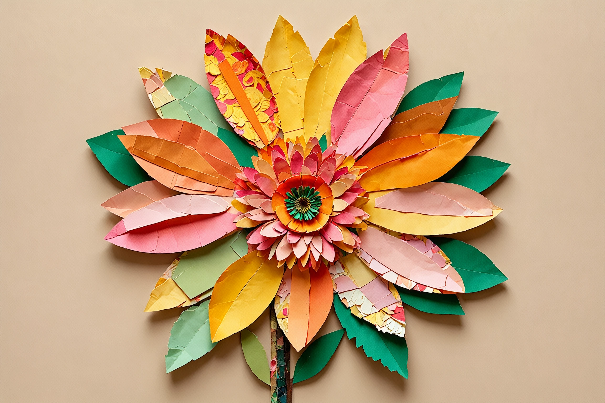 Close-up shot of a vibrant floral collage on a soft beige/light brown background. A colorful flower blooms, its delicate petals crafted from layers of pink, orange, and yellow paper pieces. The central circle shines bright with warm yellow light, surrounded by softly ruffled petals. The stem, composed of textured green paper, is adorned with subtle typographic elements. The overall composition exudes artistic charm, as if handcrafted with love and care.<lora:EMS-392232-EMS:0.800000>