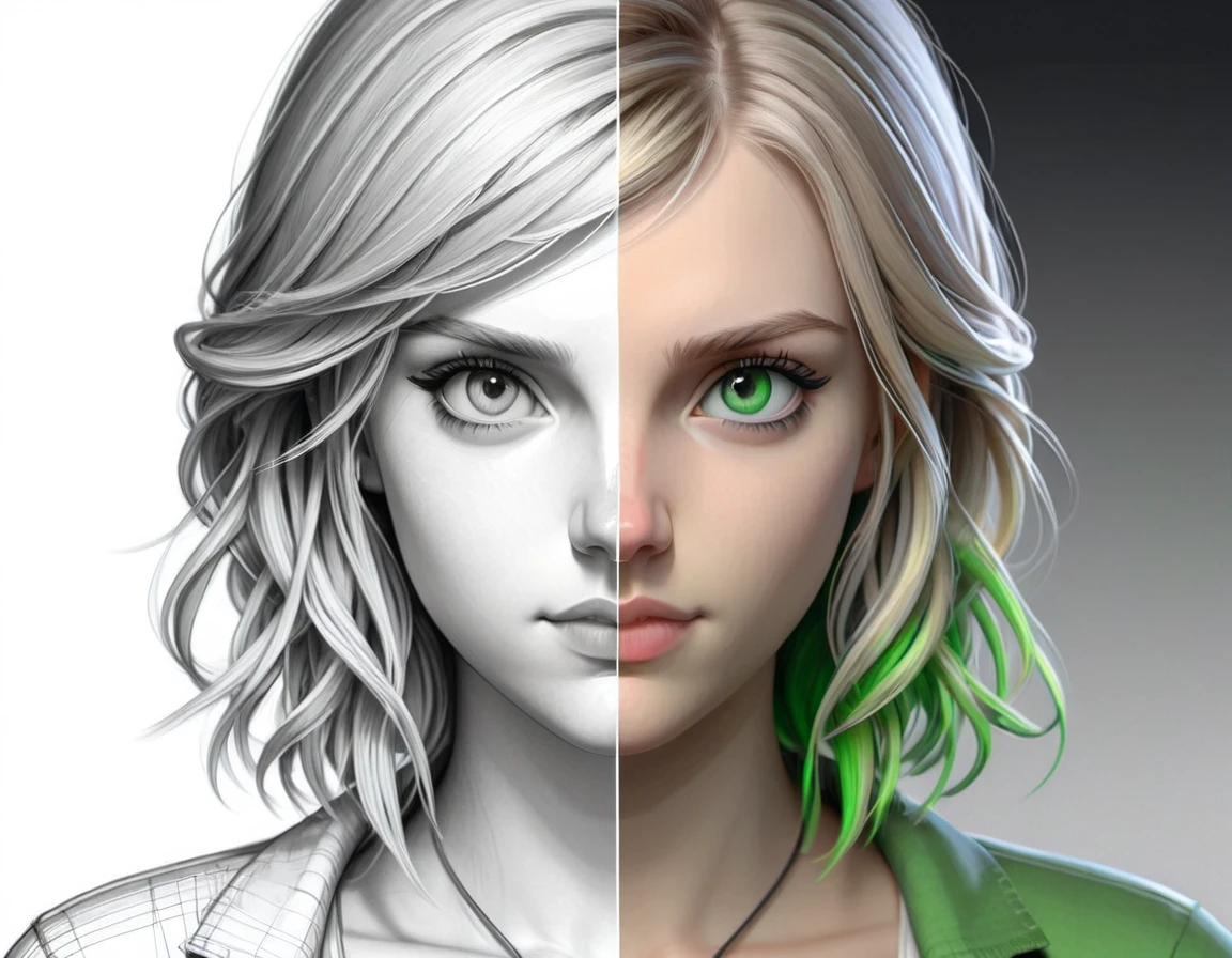 SketchSplit, digital painting of a young woman with blonde hair and green eyes, looking at the viewer with a neutral expression, white background, black and white lineart, simple background, colored 3d render, sketch