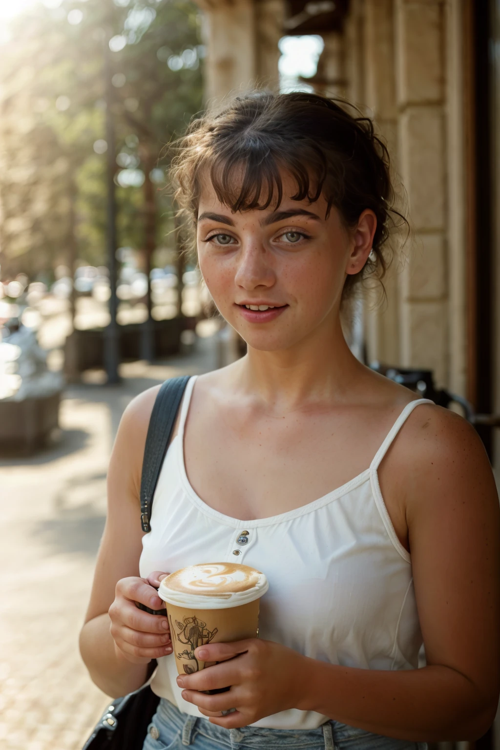 <lora:ChloeA:0.8> full color portrait of a young woman, having coffee at a vintage cafe, natural light, RAW photo, subject, 8k uhd, dslr, soft lighting, high quality, film grain, Fujifilm XT3, Nikon D850