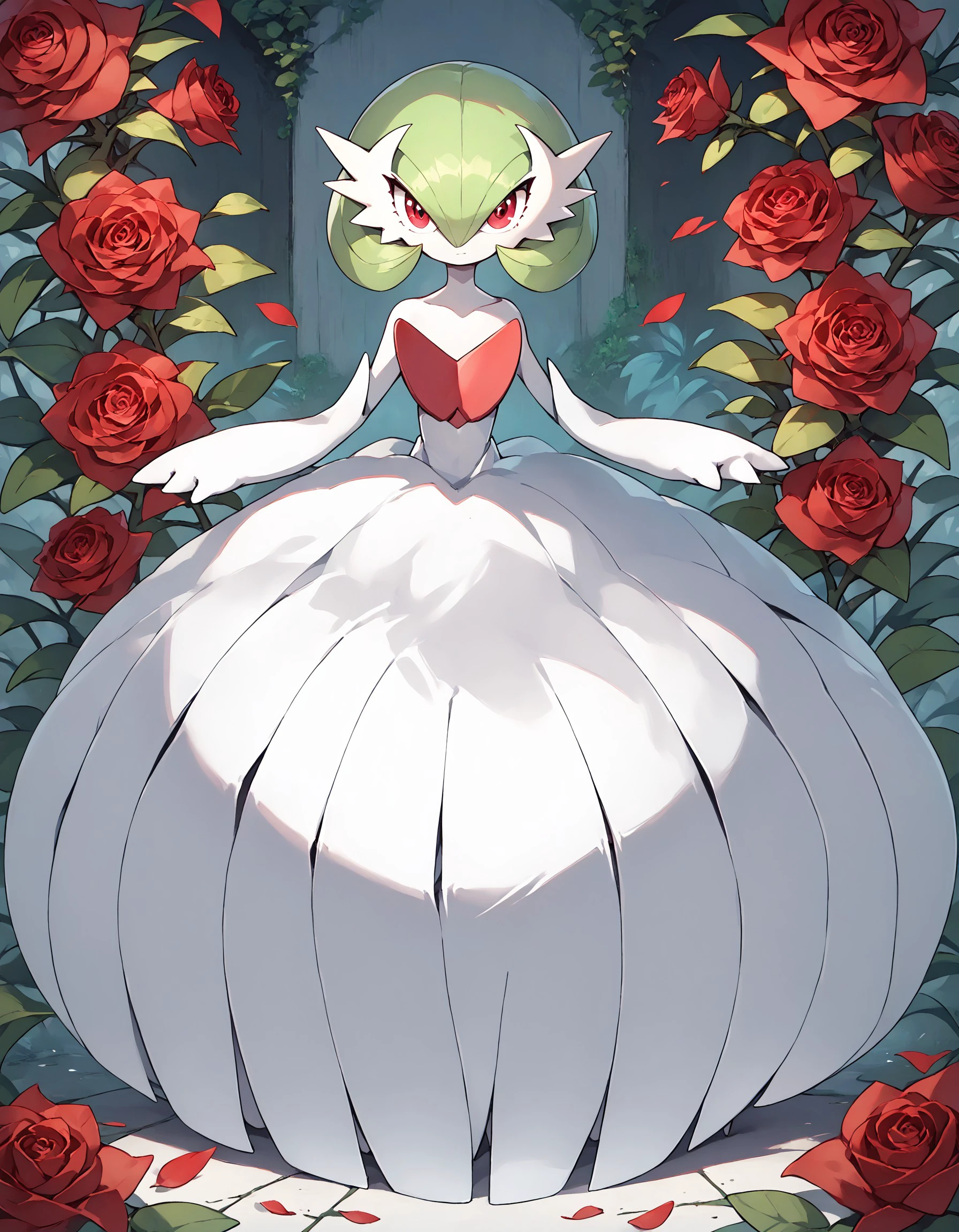 score_9, score_8_up, score_7_up, megavoir, pokemon \(creature\), red roses, nature, meadow, sunny, (solo), full body, looking at viewer, green hair, red eyes, white dress, looking at viewer