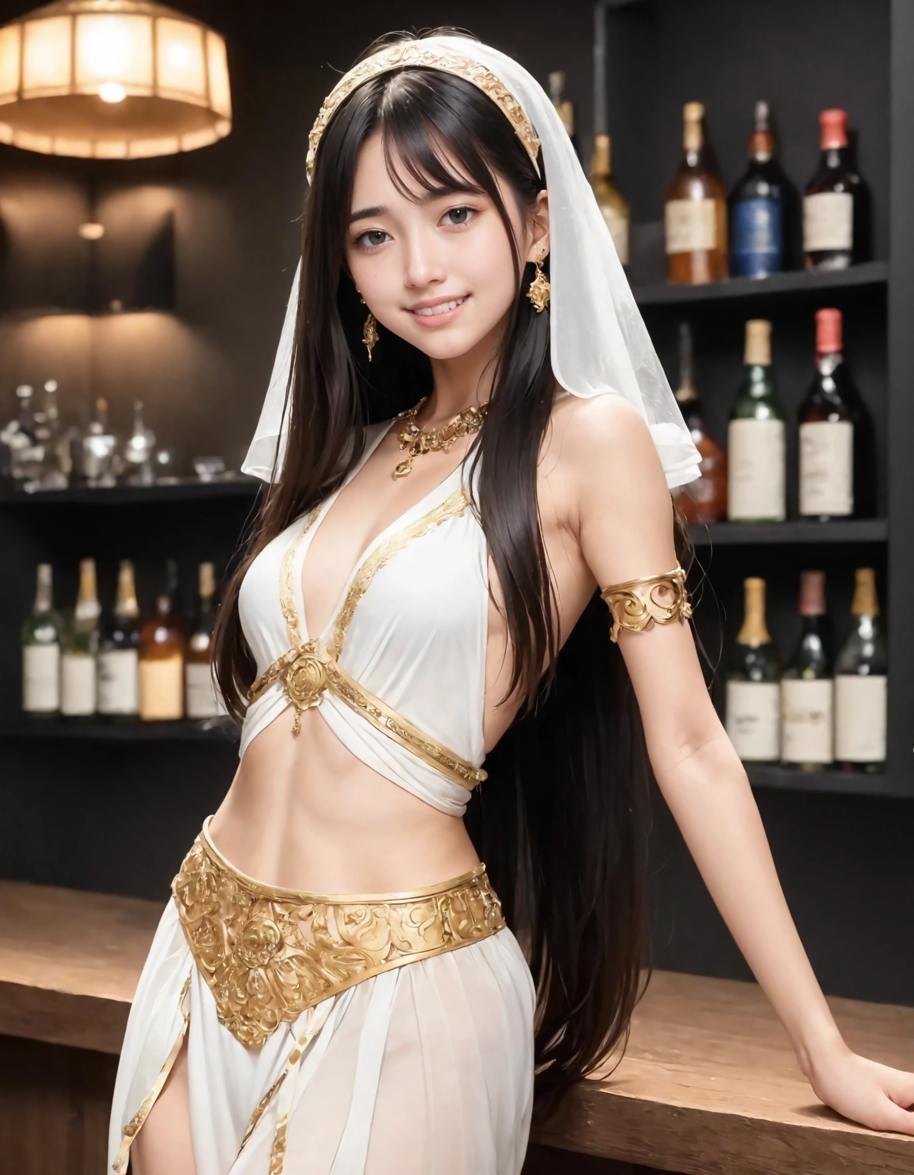 1girl, solo,
(Best quality:1.0),(masterpiece:1.0),photorealism,
cowboy shot,
(black hair:1.1), (black eyes),
very long hair,
(small breasts:1.1),
slender,
BREAK
(japanese:1.2),
gold trim,arabian clothes,veil, armlet, jewelry,earrings, dancer,medieval,bar,
light smile,
20yo,