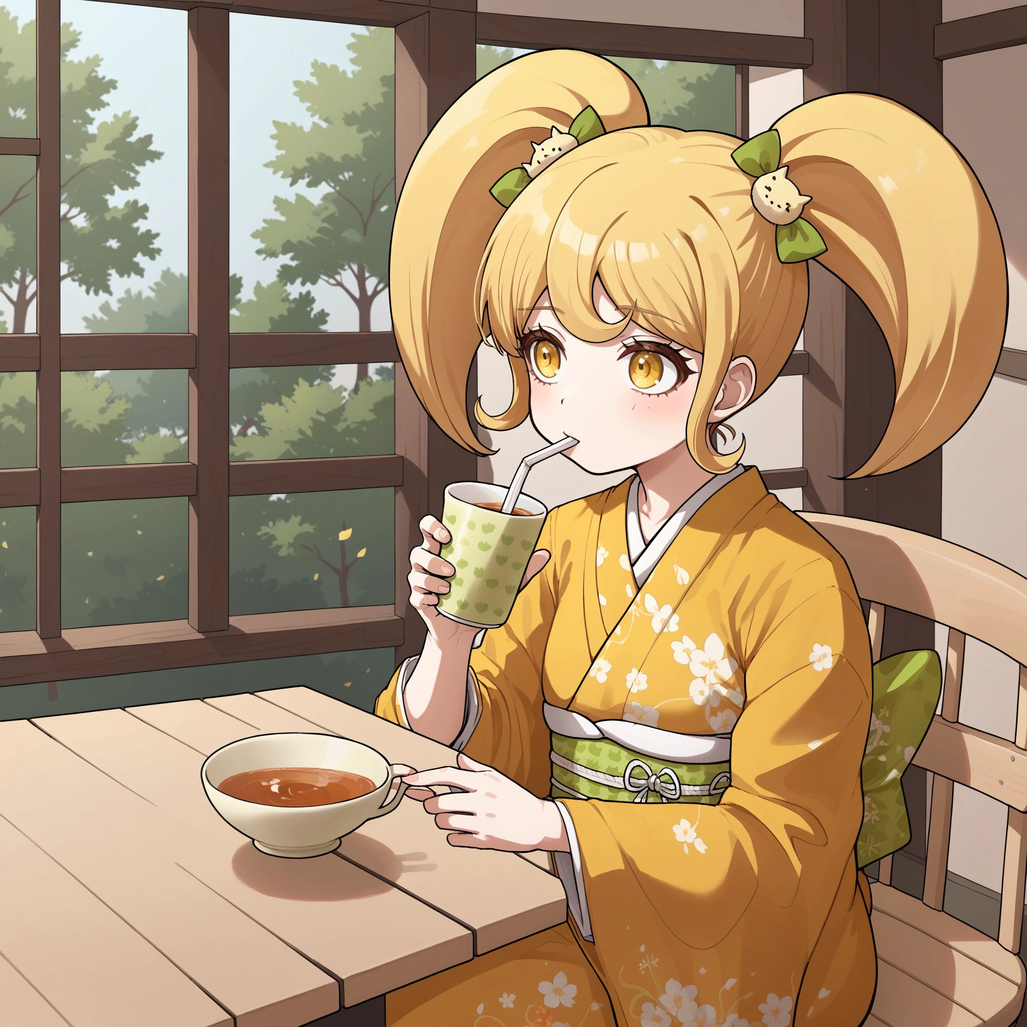 1girl, Hiyoko, yellow_hair, yellow_eyes, ponytails , kimono, drinking tea, nature, <lora:6cee0600-48f4-4be8-a2d5-cea854c254ee:0.8>