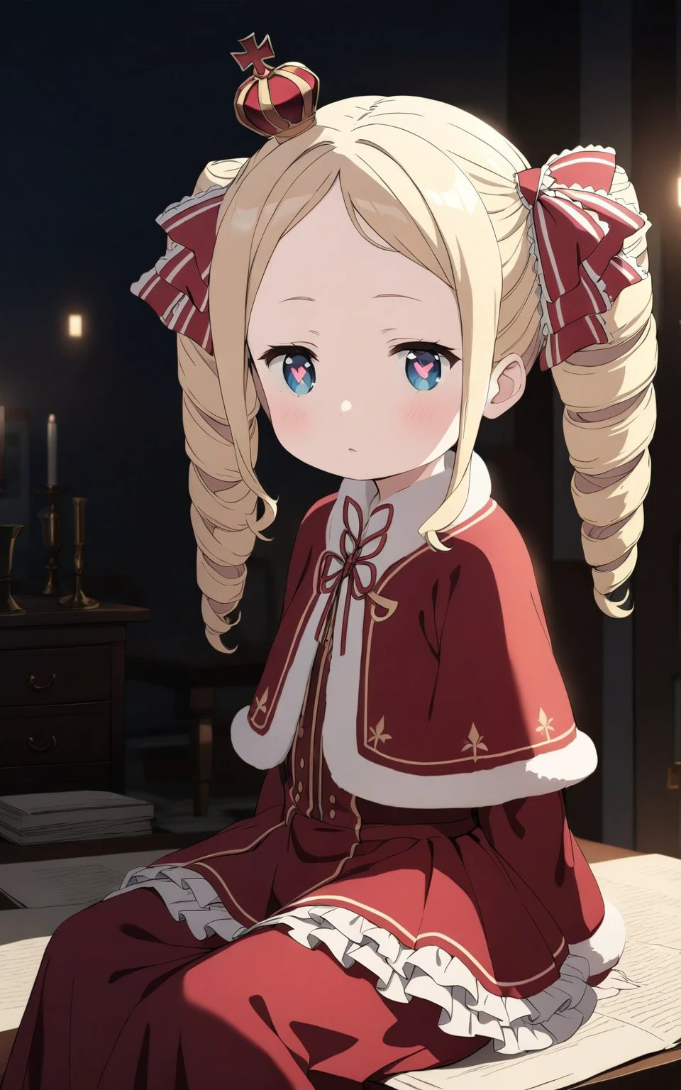 <lora:beatrice:1>
small girl, correct anatomy, cute,  shaped pupils,  crimson costume, small crown, blond, super detailed, atmospheric lighting, high quality, HD, realism