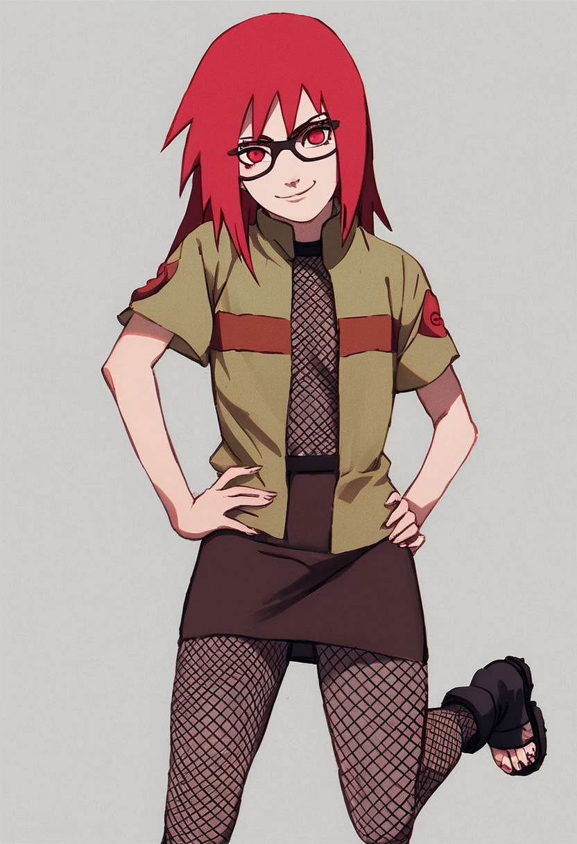 score_9,score_8_up,score_7_up,score_6_up,score_5_up, 
masterpiece, best quality, solo, smirk, looking at viewer, hand on hip, 
1girl, karin uzumaki, genin, \(Naruto\), red eyes, red hair, glasses, Fishnet top, fishnets, fishnet tights, green jacket, short sleeves, brown skirt, skirt, kusagakure symbol, toeless footwear,