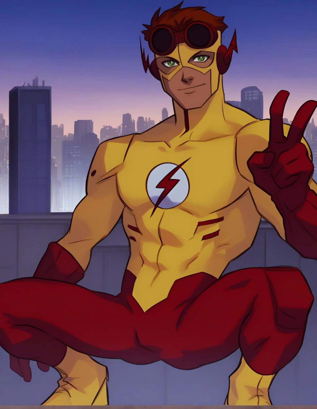 <lora:Wally_west:1>  score_9, score_8_up, score_7_up, kid flash, solo, smile, short hair, brown hair, gloves, 1boy, closed mouth, male focus, outdoors, sky, bodysuit, mask, muscular, night, squatting, pectorals, muscular male, building, city, superhero, yellow bodysuit, domino mask, skinny, (v:1.1), cowboy shot, goggles, looking at viewer, spread legs, 2.5D, green eyes