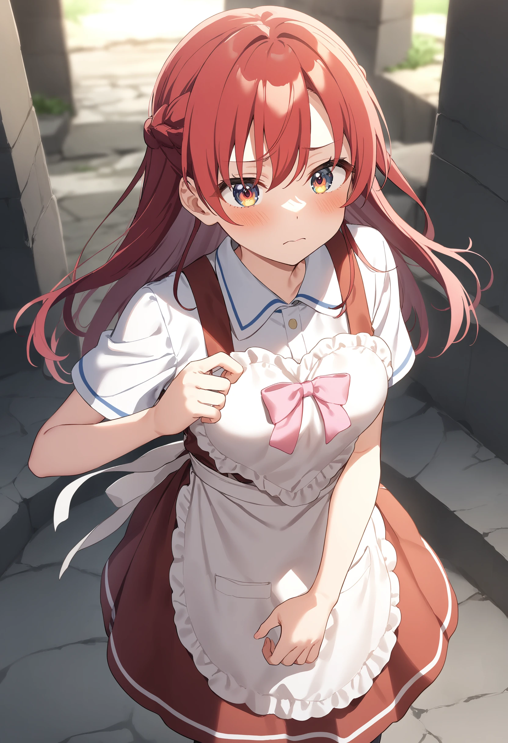 1girl,sincos, ningen mame, toosaka asagi,solo,medium breasts,school uniform,
heart apron,apron, frills, frilled apron, <lora:heartapron_XL_v1:0.6>
from above, cowboy shot, looking ahead, red hair, orange eyes,disappointed, in old castle ruins terrace, closed mouth, braid hair,,
best quality, very aesthetic, absurdres