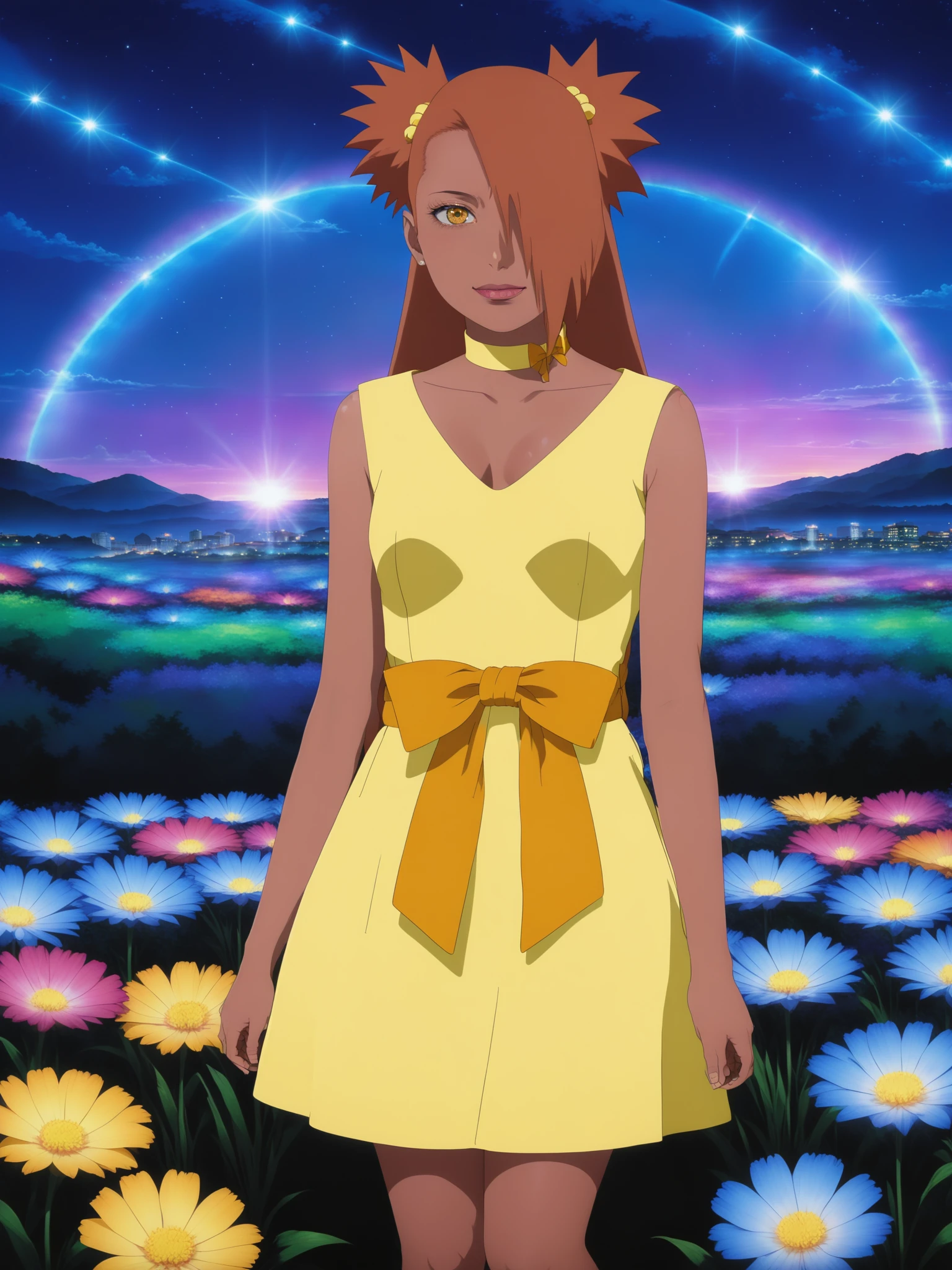 chocho akimichi, woman, chodress, alternate costume, dark skin, shy smile, (blush), submissive expression, yellow dress, butterfly choker, orange obi, orange bow, sandals, night, blue light behind her, ((Galaxy, Lens flare)), flower field, night sky, cinematic shot. Wallpaper. (Blue color schema), detailed background, a city in the distance, <lora:add-detail-xl:1>, <lora:Chocho_Akimichi_sdxl_v2:1>,