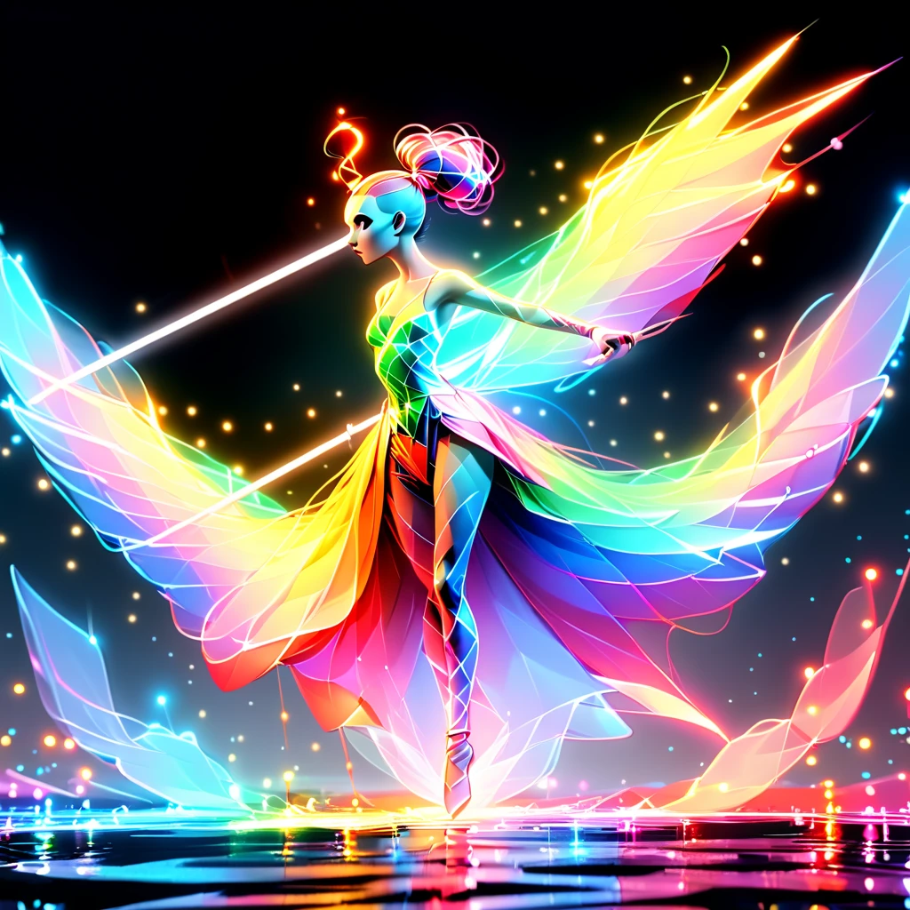 outdoors, sword, crowd, bodysuit, single hair bun, makeup, light particles, wings, weapon, multicolored bodysuit