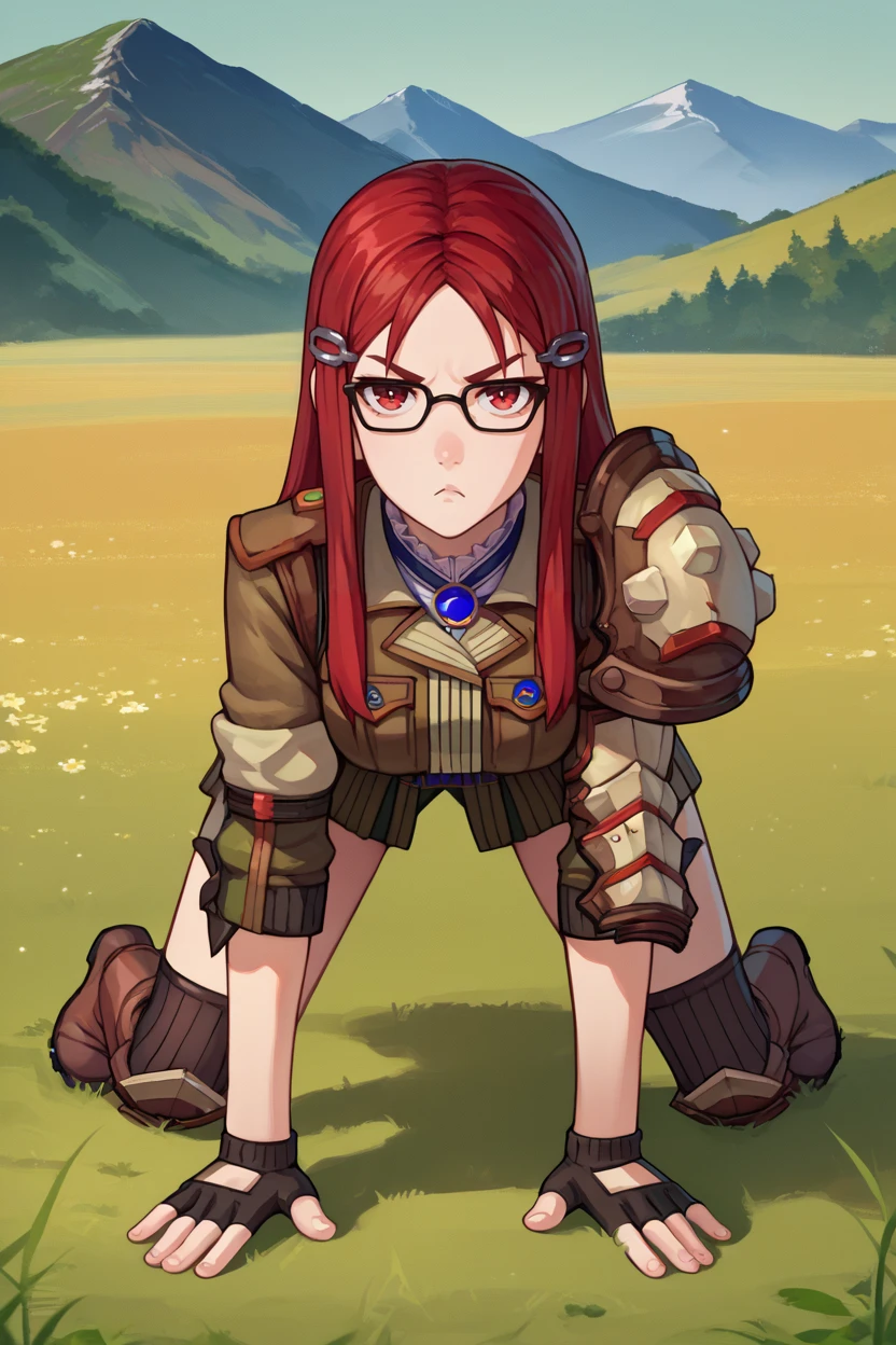 score_9, score_8_up, score_7_up, score_6_up, source_anime, BREAK 1girl, solo, <lora:vc4minerva-pdxl-nvwls-v1-000005:1> vc4minerva, red hair, red eyes, hairclip, glasses, jacket, uniform, shoulder pads, armor, fingerless gloves, green miniskirt, black thighhighs, knee pads, brown boots, all fours, looking at viewer, serious, pout, field, mountains