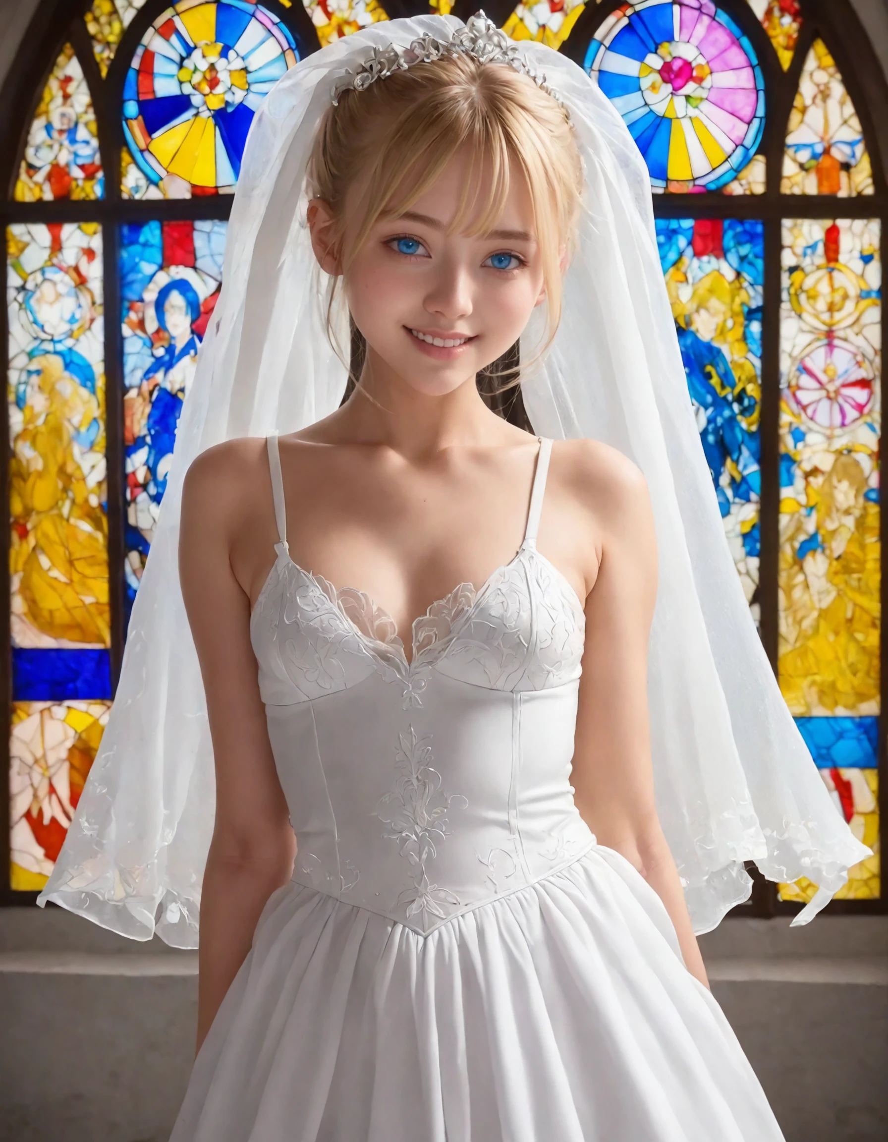 (Cute innocent white 12 year old), long blonde hair, hair clip, blue eyes, (huge massive round breasts), sitting on a living room, posing, smiling, (wearing very undersized transparent bride lingerie), bride veil, open legs, having fun, getting ready, happy, smiling, 