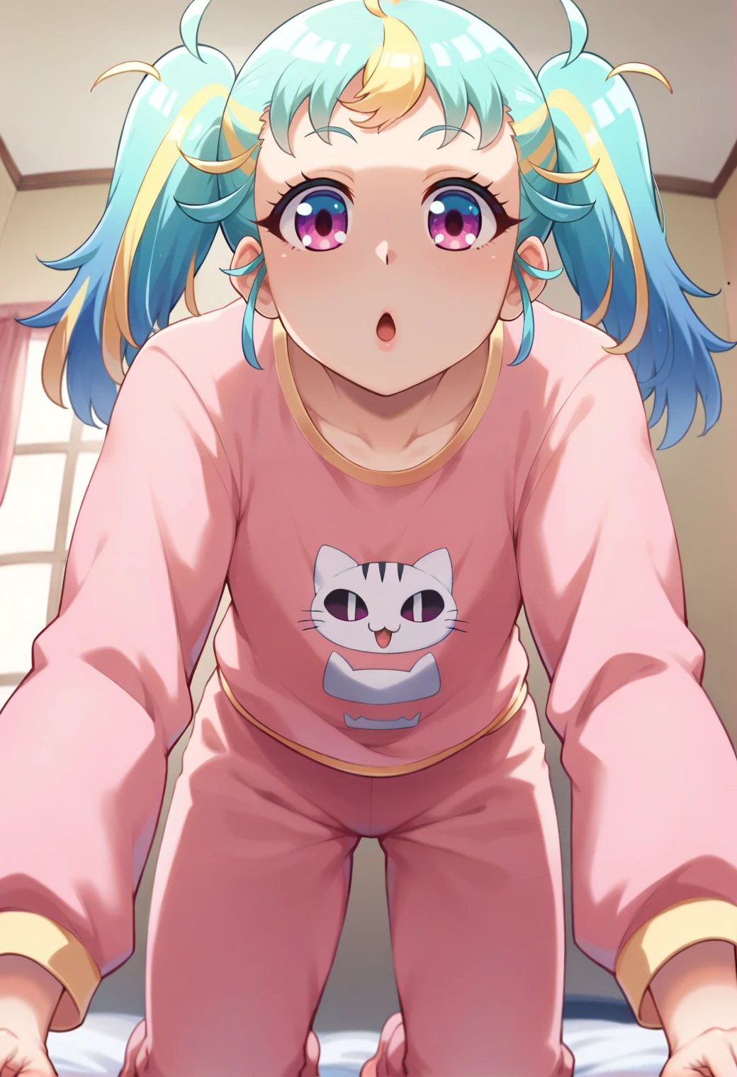 score_9, score_8_up, score_7_up, hd, (ultra hd quality details), indoors, night,
solo, 1girl, myamupri, twintails,
pink pajamas, long sleeves, pink pants, cat stamp,
looking at viewer, open mouth,
all fours, from below,
<lora:_myamu-elesico-e12:0.85>