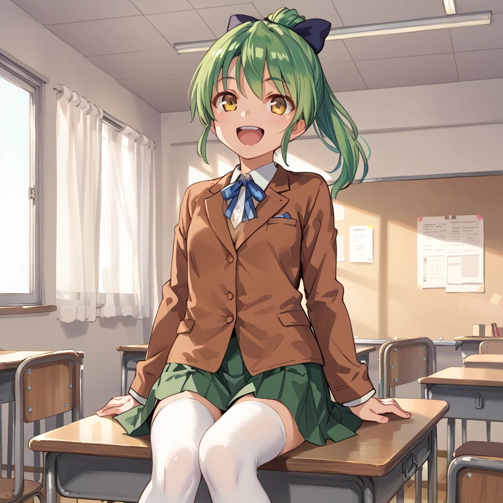 score_9, score_8_up, score_7_up, masterpiece, BREAK, 
ai_aihara, green hair, yellow eyes, ponytail, hair ribbon, brown jacket, green skirt,  solo, sitting on desk, white thighhighs, 
 classroom, happy, excited, 
<lora:Ai_Aihara:0.8>