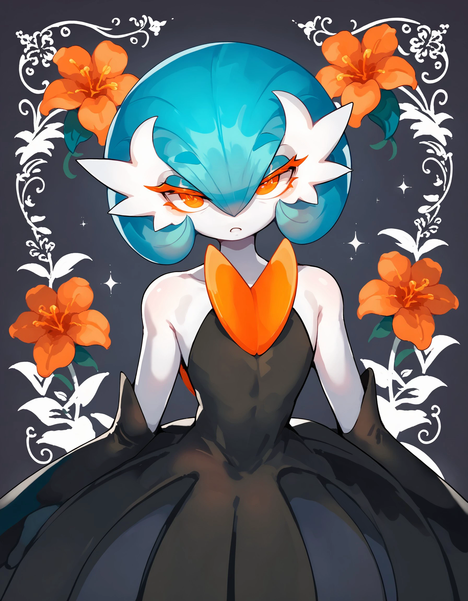 score_9, score_8_up, score_7_up, megavoir, pokemon \(creature\), (solo), anthro, 1boy, girly, femboy, male focus, pecs, black dress, elegant, looking away, half-closed eyes, blue hair, orange eyes, white skin, grim, flowers, looking at viewer, thick eyelashes, long eyelashes