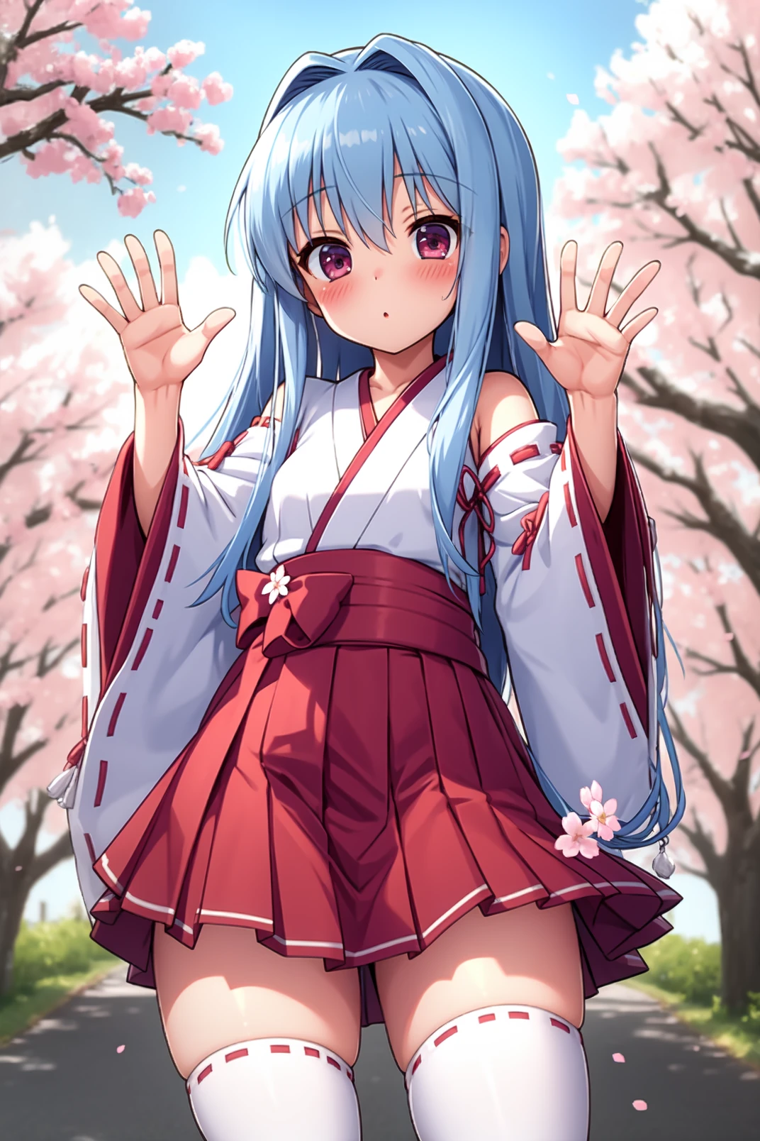  solo, masterpiece, best quality, outdoors, street, cherry blossom, looking at viewer, :o, closed mouth, blush, standing, kubrick, pink eyes, blue hair, long hair, bangs, miko, japanese clothes, wide sleeves, ribbon-trimmed sleeves, hakama skirt, red hakama, red obi, white thighhighs, ribbon-trimmed legwear, waving