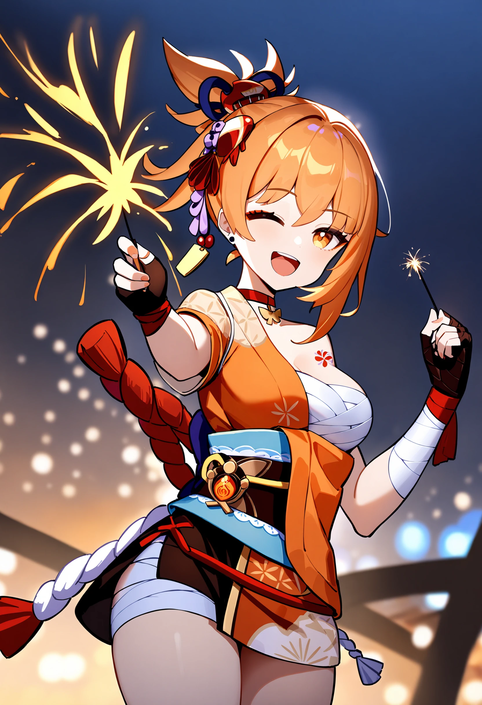 yoimiya,1girl,fireworks,solo,one eye closed,sarashi,japanese clothes,smile,bandages,kimono,tattoo,open mouth,breasts,looking at viewer,sash,hadanugi dousa,sparkler,red choker,obi,chest tattoo,orange kimono,choker,arm tattoo,rope,orange eyes,bandaged arm,hair ornament,bandaged leg,gloves,night,chest sarashi,medium breasts,shimenawa,holding,;d,night sky,orange hair,sky,fingerless gloves,standing,<lora:Yoimiya-v1.1_By_XieMo:1>,masterpiece,best quality,very aesthetic,