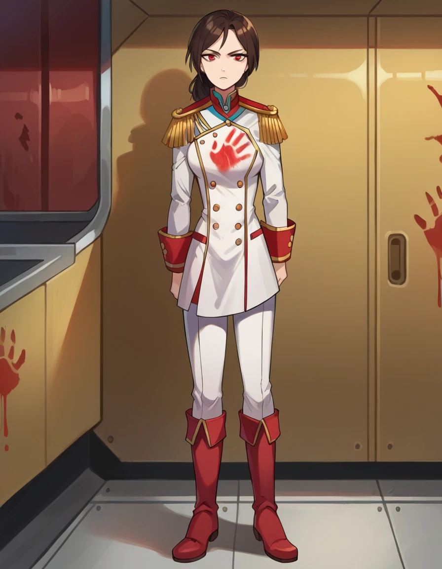 score_9, score_8_up, score_7_up, score_6_up, source_anime BREAK 1girl, solo,  <lora:Lotarapony:1>,lotarasarrin,red eyes,standing,expressionless,uniform,epaulettes,arms at sides,pants,blood,in spaceship interior,boots,full body,bloody handprint