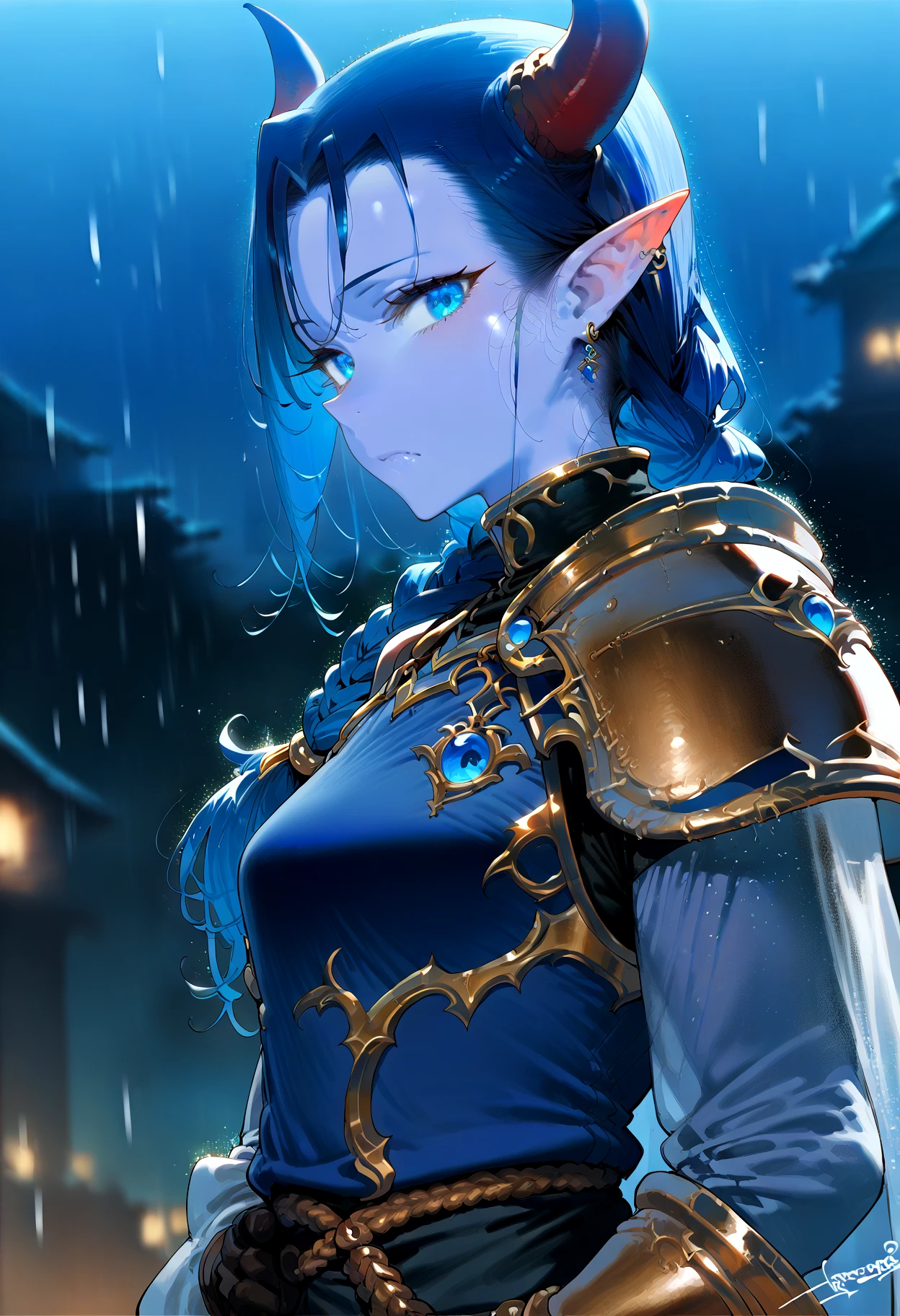 score_9, score_8_up, score_7_up,  <lora:Asanagi [306563]:0> 1girl,solo,long hair,looking at viewer,blue eyes,jewelry,closed mouth,blue hair,braid,earrings,horns,pointy ears,armor,glowing,colored skin,elf,shoulder armor,glowing eyes,rain,pauldrons,blue theme,blue skin