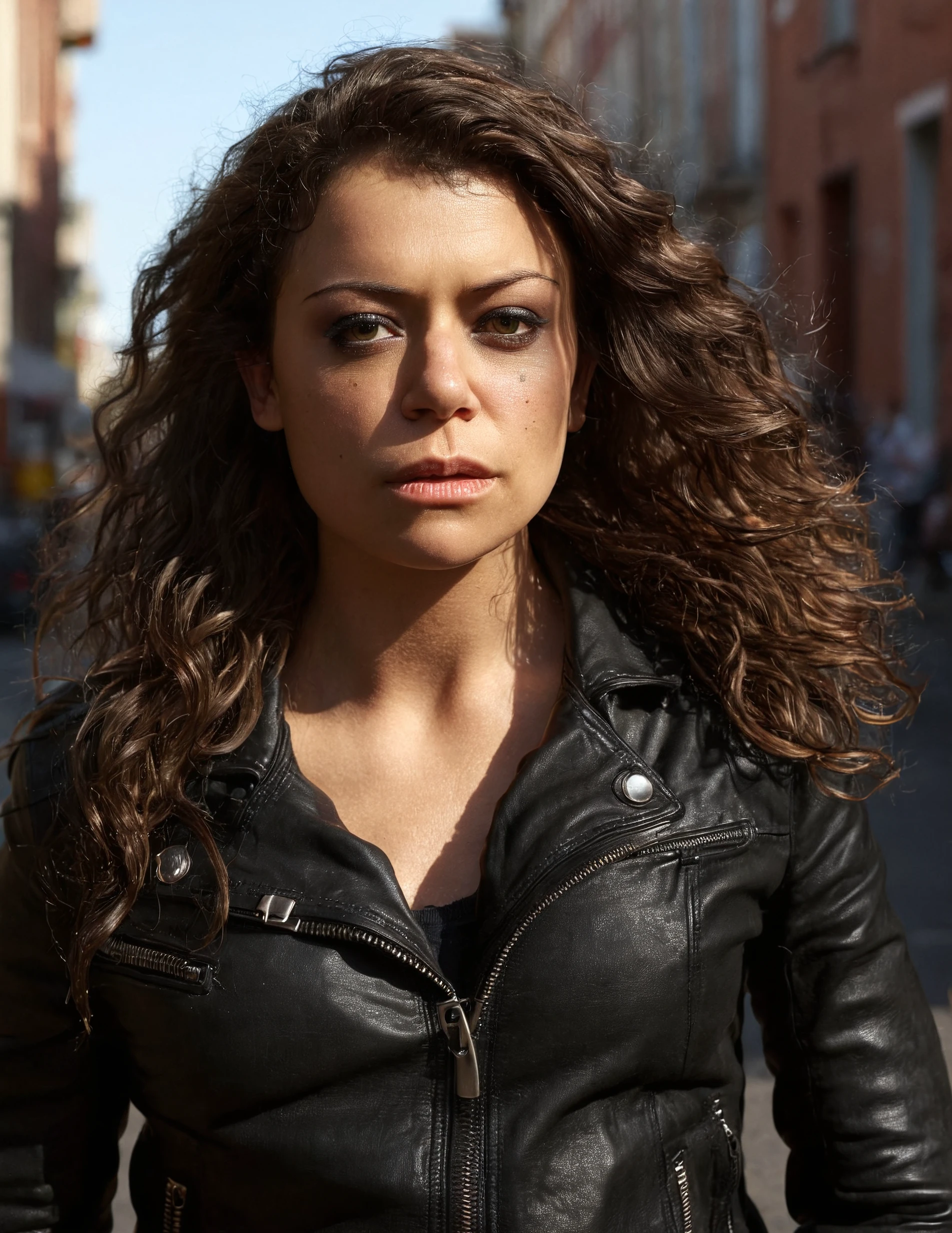 high resolution raw dslr full body shot photo of tatms,a woman,long wavy hair side part,black leather jacket,front view,in street,looking at viewer,illuminated from behind,realistic skin texture,pores,sunny,sweaty skin,cinematic,depth of field,masterpiece,volumetric lighting,cinematic,surreal dramatic shadow,rim lighting