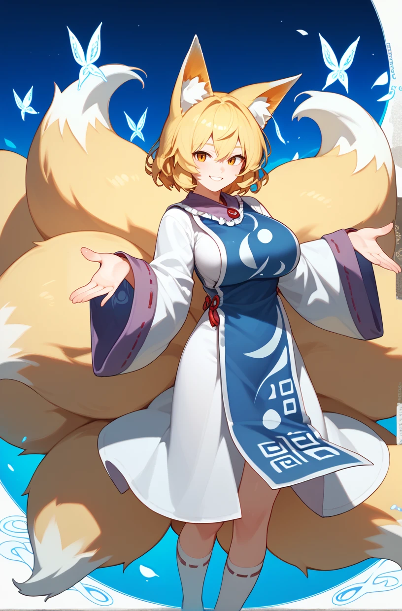 score_9, score_8_up, score_8, score_9, 1 girl, source_anime, <lora:yakumo_ran_pony-10:0.8> , yakumo ran, blonde hair, fox ears, tabard, white dress, fox tail, glowing, smile, full body, wide sleeves, long sleeves, detailed background, large breasts, socks, <lora:naipv3.1:0.8>
