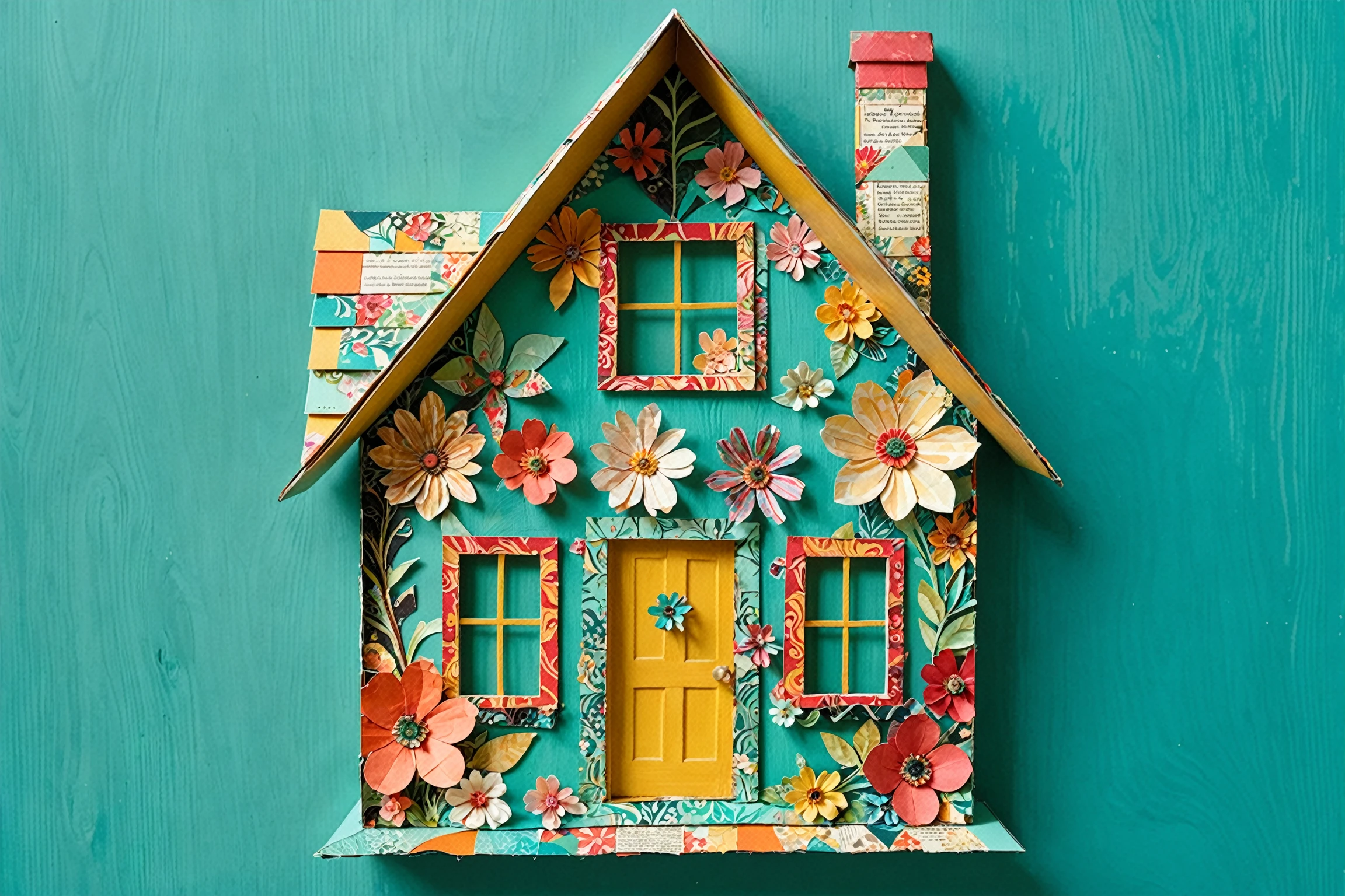 Close-up shot of a whimsical collage on a vibrant turquoise background. A paper house with triangular roof, rectangular chimney, and door comes into focus, its walls adorned with intricate textual snippets, floral patterns, and decorative elements. Paper flowers surround the structure, blending seamlessly with three-dimensional blooms. Hand-painted or stained textures add depth to the composition, as if each piece was carefully crafted by an artist's brush.<lora:EMS-392232-EMS:0.800000>