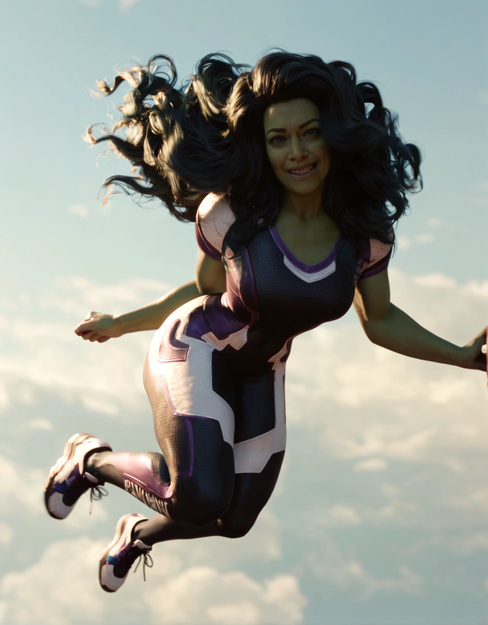 score_9, score_8_up, score_7_up, score_6_up,a woman,RAW, 8k, very detailed,tatmshlk,realistic skin,shk suit,stomp jumping,long wavy hair,full body shot,looking at viewer,front view,sunny,illuminated face