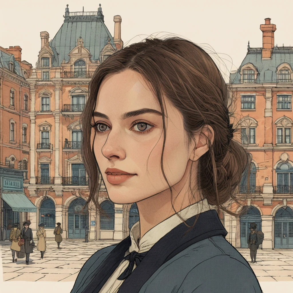 Studio ghibli style illustration of the face of a woman looking at the viewer with a victorian city square in the background,  mxrobbie, <lora:marobbie_juggerX_standard_xl_11-mxrobbie-000058:1>