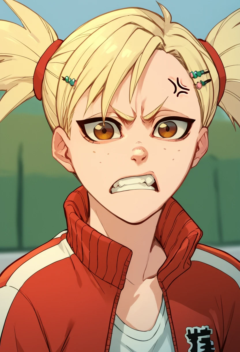 hiyorisarugaki, 1girl, blonde hair, solo, track jacket, hairclip,clenched teeth, short twintails, freckles, brown eyes, tank top, angry, outdoors, anger vein, looking at viewer ,open mouth, <lora:HiyoriSarugakiPony1.2:1>, score_9, score_8_up, score_7_up, score_6_up, score_5_up, score_4_up, looking at viewer,