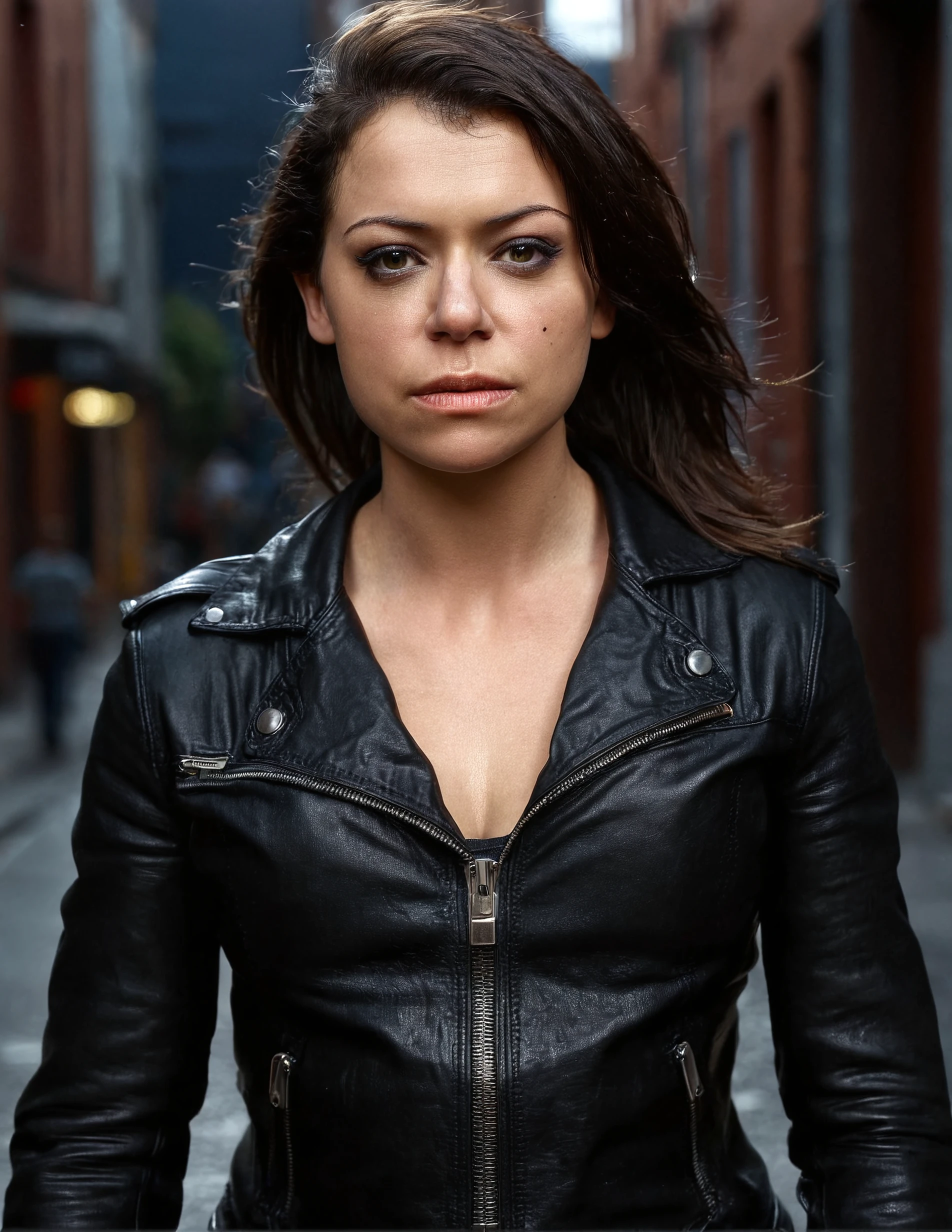 high resolution raw dslr full body shot photo of tatms,a woman,long straight,black leather jacket,front view,in street,looking at viewer,illuminated from behind,realistic skin texture,pores,sunny,sweaty skin,cinematic,depth of field,masterpiece,volumetric lighting,cinematic,surreal dramatic shadow,rim lighting