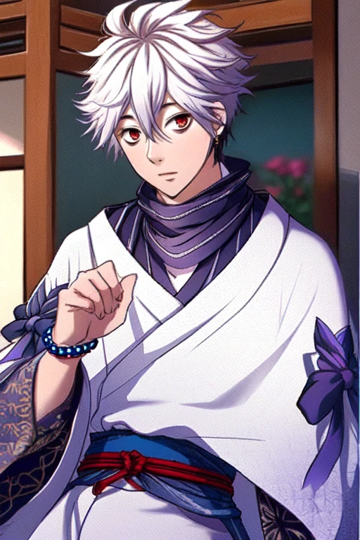 (masterpiece),(best_quality),1boy,Yakushi,purple bow,poncho,wide sleeves,belt,bead bracelet,white hair,looking at viewer,<lora:Yakushi:1>,