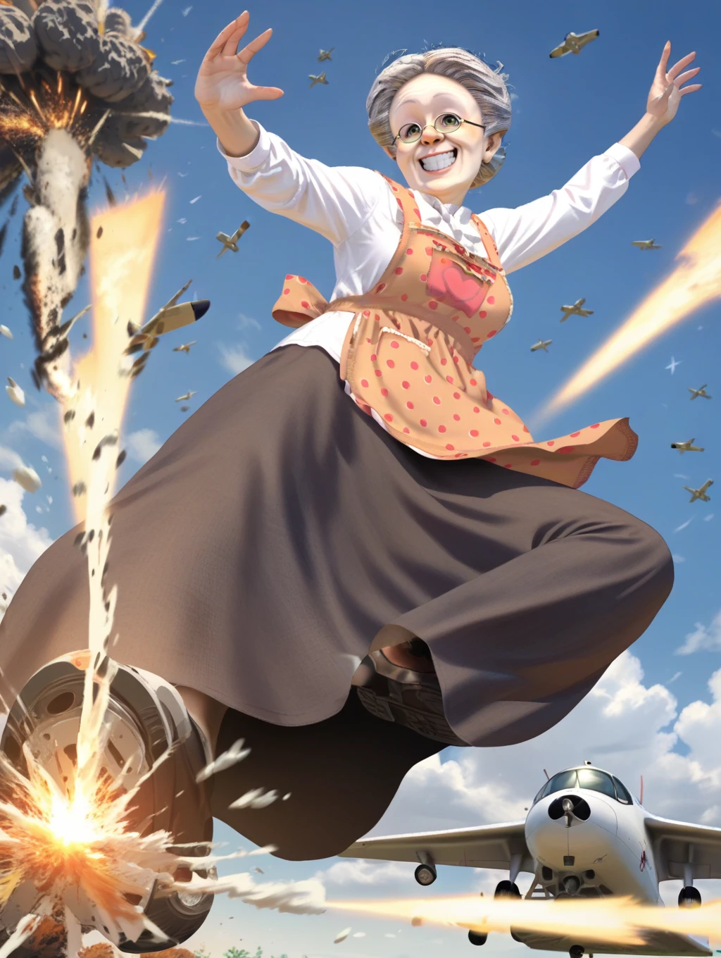 score_9, score_8_up, score_7_up, score_6_up, uncensored,  source_anime, rating_safe,anime screencap,
BREAK,
solo,
 <lora:vgrandmother:0.8>,vgrandmother, old woman, apron, long skirt, shirt, glasses, old, 
 <lora:Rider_Kick_Pony:0.8>,rider kick,
happy, , open eyes,
line art,
,,close-up,
grin,
battle field,explosion,crashing plane,