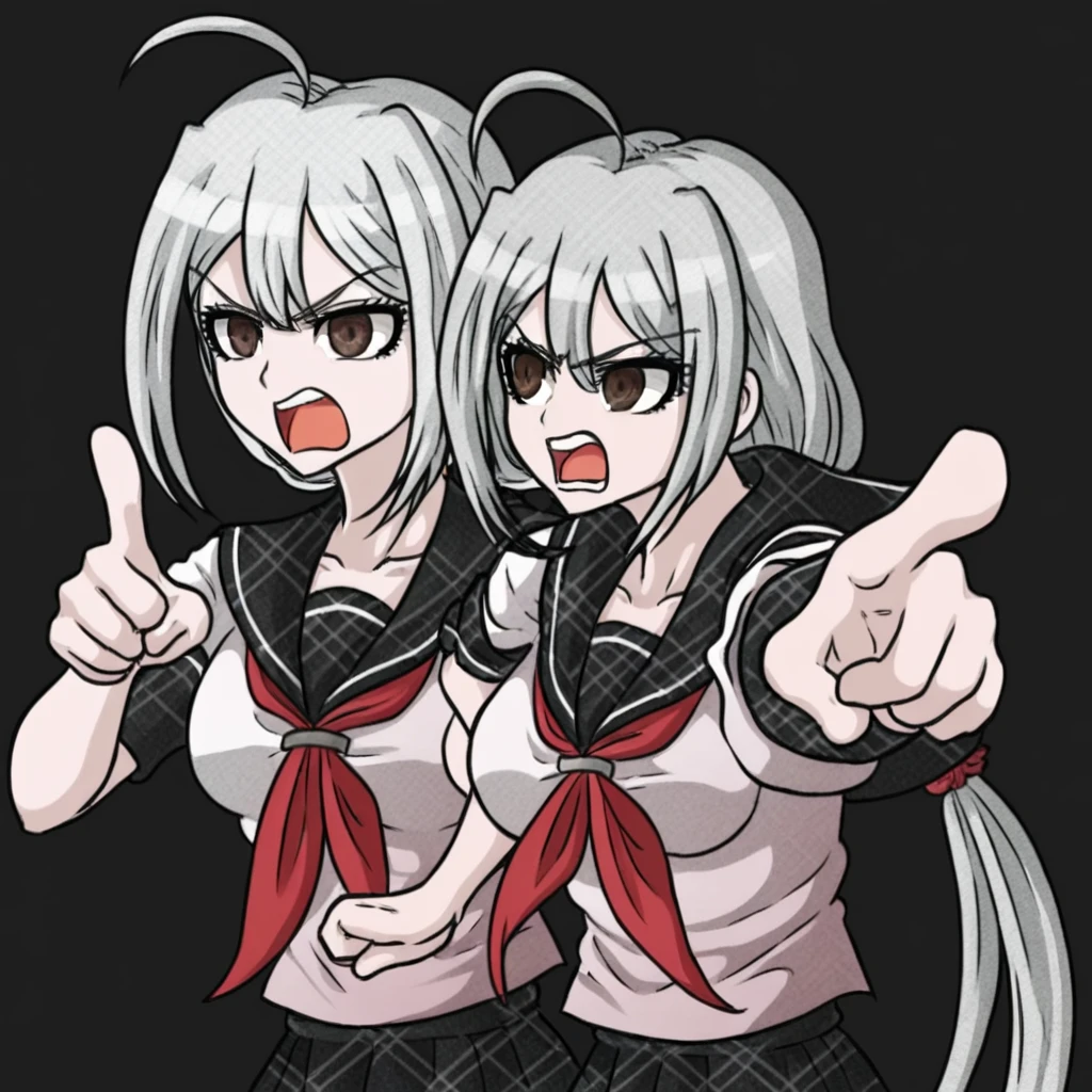 sora, danganronpa, long hair, silver hair, ponytail, bangs, ahoge, brown eyes, serafuku, sailor collar, black sailor collar, ribbon tie, red ribbon tie, skirt, black skirt, patterned skirt, angry, open mouth, pointing,