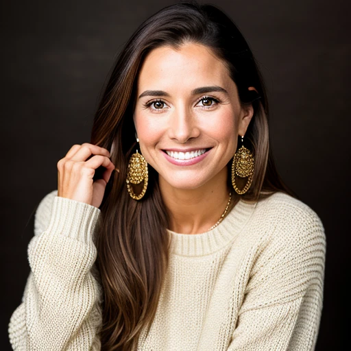 a Realistic portrait of a mimi rogers woman with brown eyes and long brown Hair style, looking at the viewer, detailed face, detailed eyes, (smiling showing teeth:1.1), perfect slim body, modelshoot style, hand on own shoulder, wearing a red sweater with long sleeves, wearing gold earrings and jewelry, soft lighting, professional Photography, Photorealistic, detailed, standing in a dark Studio Room background, blurred background, RAW, analog, sharp focus, 8k, HD, DSLR, high quality, Fujifilm XT3, film grain, award winning, masterpiece