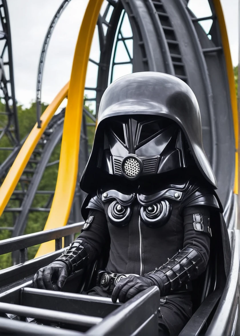 Dark helmet, on a roller coaster