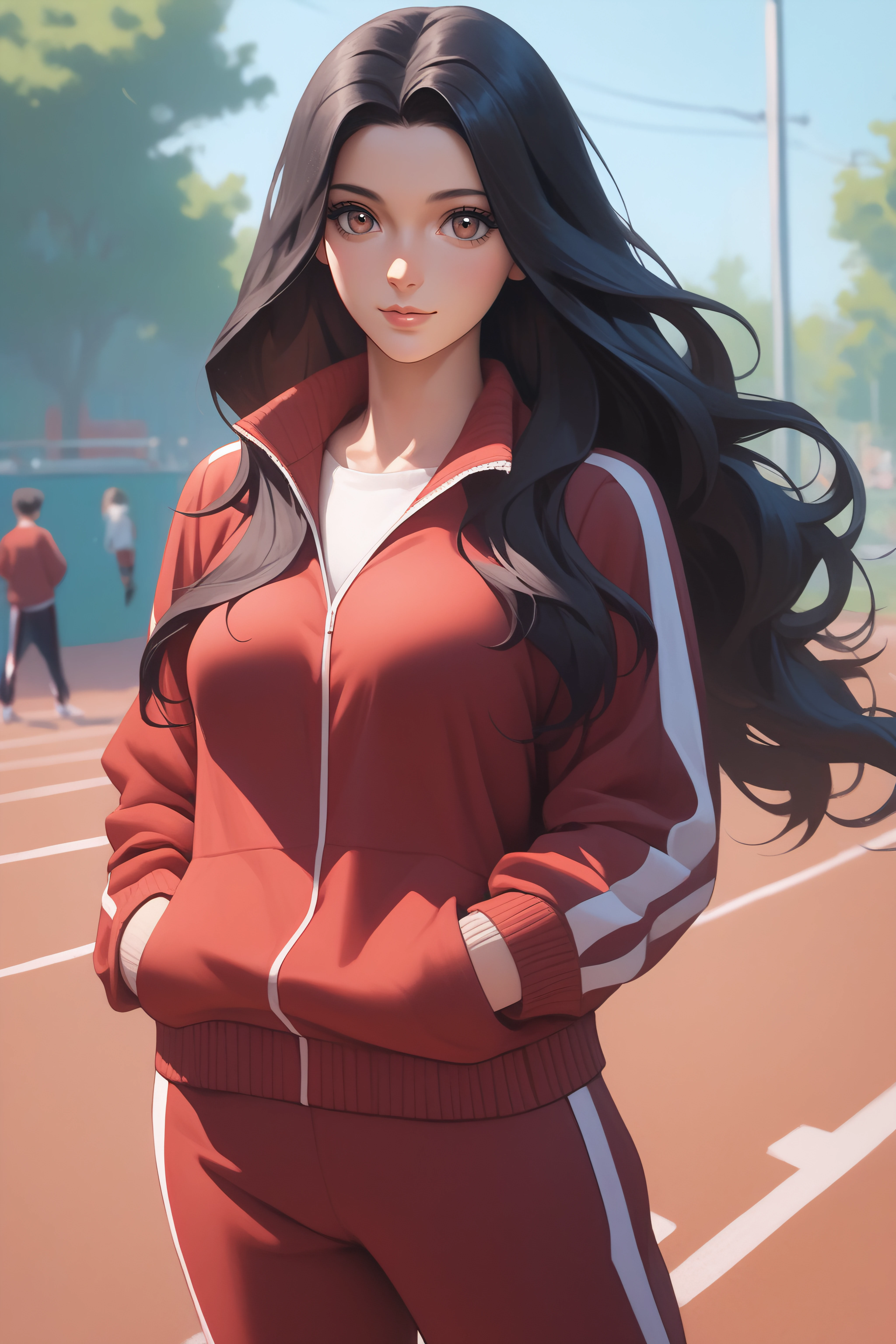 score_9, score_8_up, score_7_up, source_anime, <lora:Geum-Ok Yeon-PonyXL-lora-Faxtron:0.8> geum-ok yeon, brown eyes, black hair, long hair, medium breasts, track jacket, track pants,