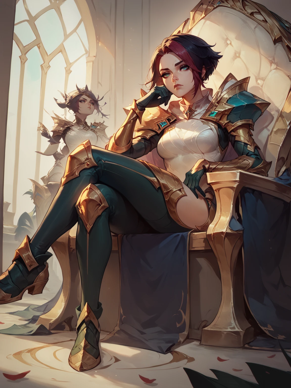 score_9, score_8_up, score_7_up, FioraNormal, 1girl, solo, black and red hair, white armor, golden shoulder pads, green pants, golden gloves, green boots, concept art, resting her hand on her cheek, bored look, rolled eyes, sitting on throne, <lora:FioraNormal:1>   <lora:Concept Art Twilight Style SDXL_LoRA_Pony Diffusion V6 XL:1>