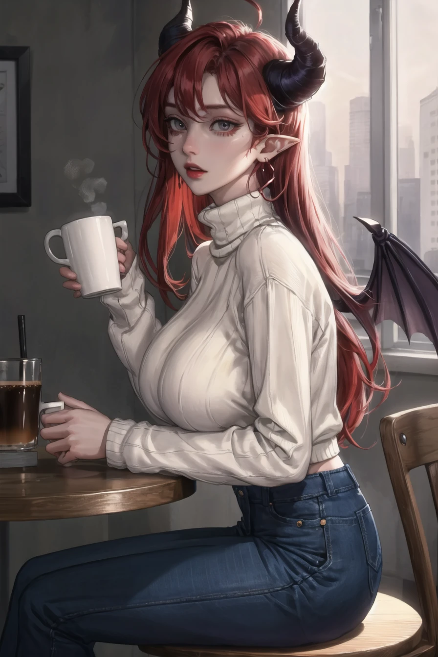 (masterpiece),best quality,1girl,breasts,horns,pointy ears,long hair,solo,wings,sweater,sitting,denim,cup,pants,red hair,jeans,mug,huge breasts,demon horns,demon girl,turtleneck,ribbed sweater,indoors,from side,long sleeves,coffee,turtleneck sweater,coffee mug,earrings,table,