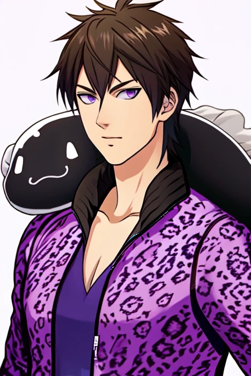 (masterpiece),(best_quality),eel on shoulder,1boy,Kokuuzou,v-neck purple shirt,leopard print jacket,<lora:Kokuuzou:1>,