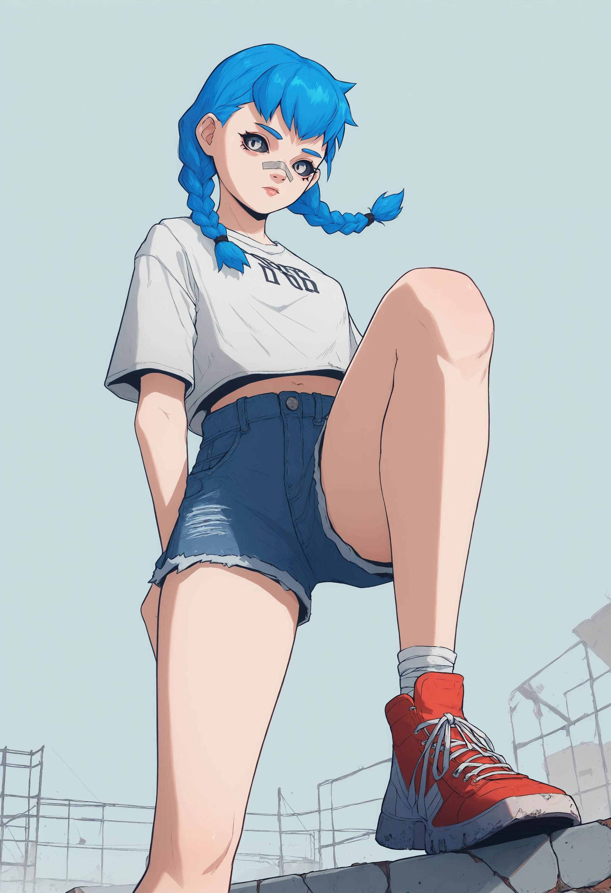 score_9, score_8_up, score_7_up, <lora:DP-Pony:1> p33rs, 1girl, solo, blue hair, braids hair, pink croptop, denim shorts, red sneakers, leg up, shoes focus, from below, ultrawide angle, black eyes, black sclera, nose bandaid, simple background, concrete podium