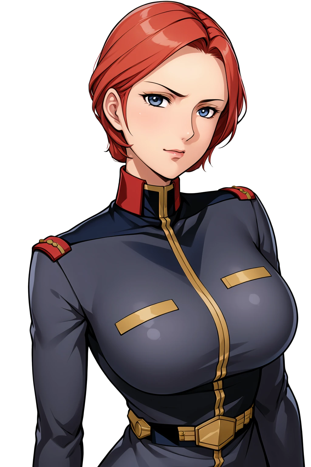 Simple White Background,
dynamic pose,standing at attention,
military uniform, military,
<lora:Matilda_Ajan_0079-KK77-V1:0.7>,
blue eyes, Red hair,Short hair,
<lora:more_details:0.1>,<lora:Oda_Non_Style-KK77-V2:0.3>,<lora:Sexy_AIart-KK77-V1:0.3>,
1 girl, 20yo,Young female,Beautiful long legs,Beautiful body,
Beautiful Nose,Beautiful character design, perfect eyes, perfect face,expressive eyes,perfect balance,
looking at viewer,(Focus on her face),closed mouth, (innocent_big_eyes:1.0),(Light_Smile:0.3),
official art,extremely detailed CG unity 8k wallpaper, perfect lighting,Colorful, Bright_Front_face_Lighting,White skin,
(masterpiece:1.0),(best_quality:1.0), ultra high res,4K,ultra-detailed,
photography, 8K, HDR, highres, absurdres:1.2, Kodak portra 400, film grain, blurry background, bokeh:1.2, lens flare, (vibrant_color:1.2),professional photograph,
(Beautiful,large_Breasts:1.4), (beautiful_face:1.5),(narrow_waist),
