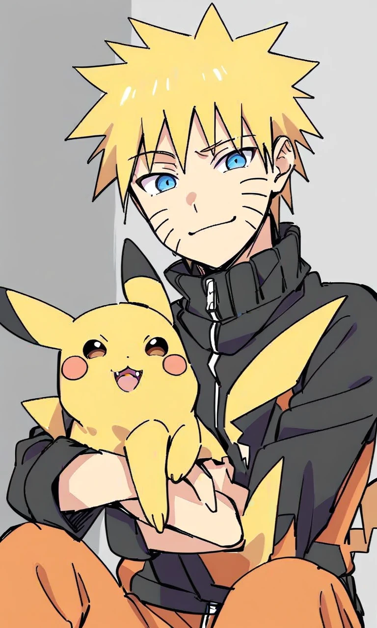 masterpiece, best quality, highly detailed, 1boy, cute anime boy, kawaii anime boy, naruto uzumaki, male focus, teenager, short hair, blonde hair, blue eyes, facial mark, whisker markings, cute face, orange and black jumpsuit, weapons pouch on left leg, black sandals, sitting, holding a creature, holding pikachu, pikachu, pokemon (species), looking at viewer