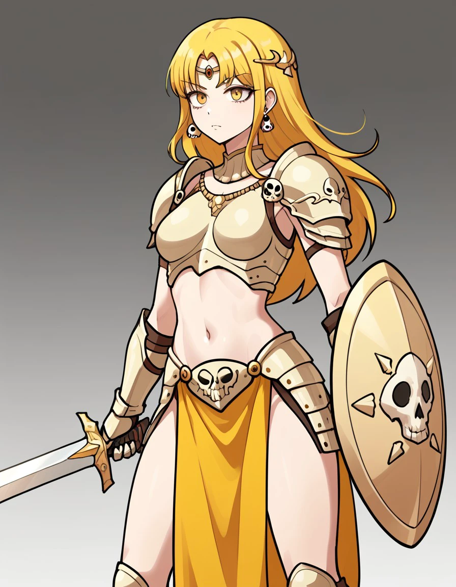 1girl, Hiyoko, yellow_hair, yellow_eyes, weapon, skull, armor, sword, slim_female, earrings, shield, jewelry, solo, gauntlets, circlet,  shoulder_armor, pelvic_curtain, hand_on_hilt, <lora:6cee0600-48f4-4be8-a2d5-cea854c254ee:0.8>