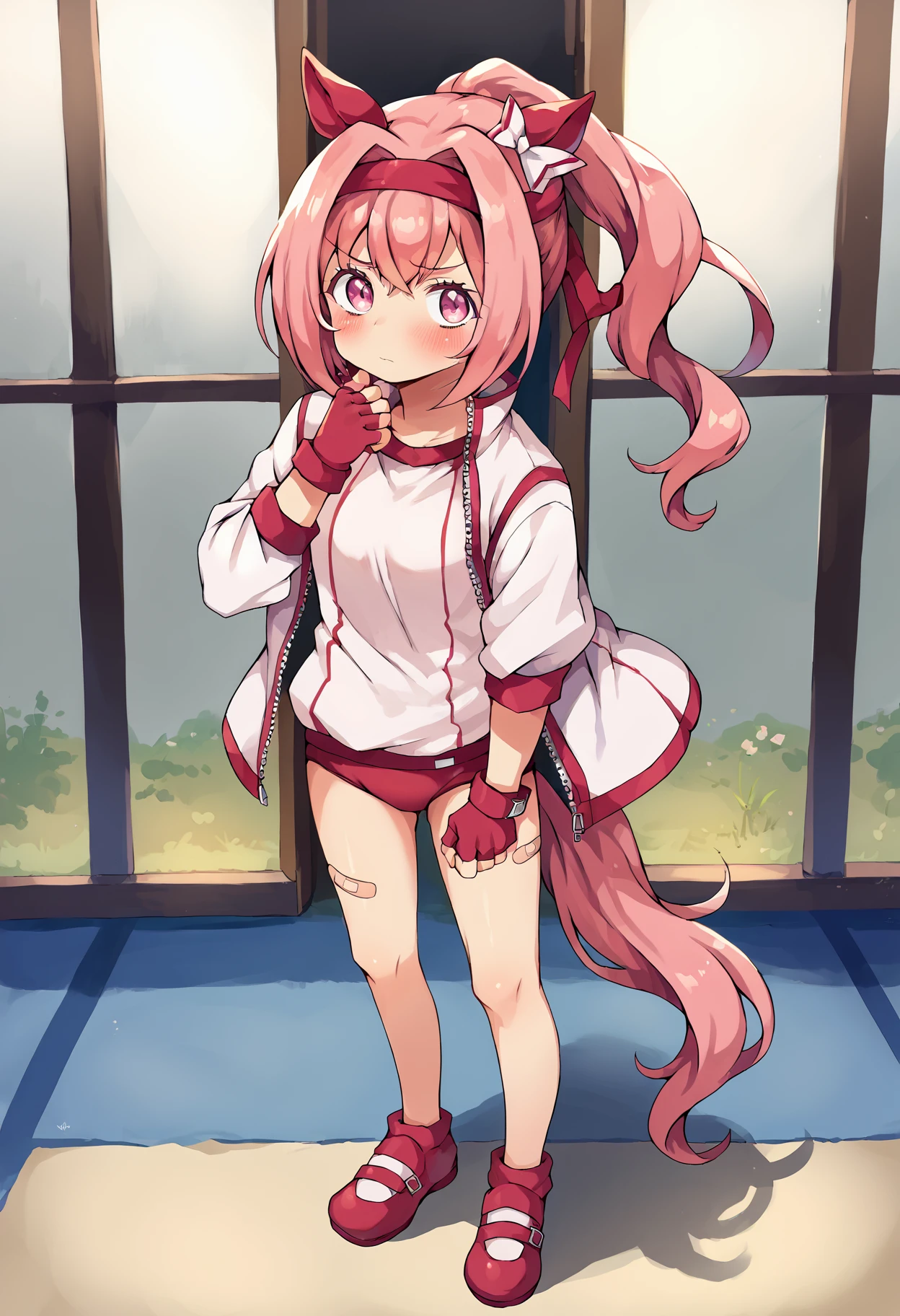 score_9, score_8_up, score_7_up, uncensored, source_anime, 1girl, <lora:spatahutaStyleXLPony:1> by atahuta, <lora:umamusume_haruurara_ponyXL:1> haru urara, ponytail, hair bow, white bow, headband, animal ears, ear covers, symbol in eye, flower in eye, horse tail || gym uniform, white jacket, track jacket, open jacket, white shirt, red gloves, fingerless gloves, red buruma, bandaid on leg, arm at side, blush, closed mouth, hand up, looking at viewer, looking to the side, sideways glance, solo, standing, crown, full body, pelvic curtain, thirsty